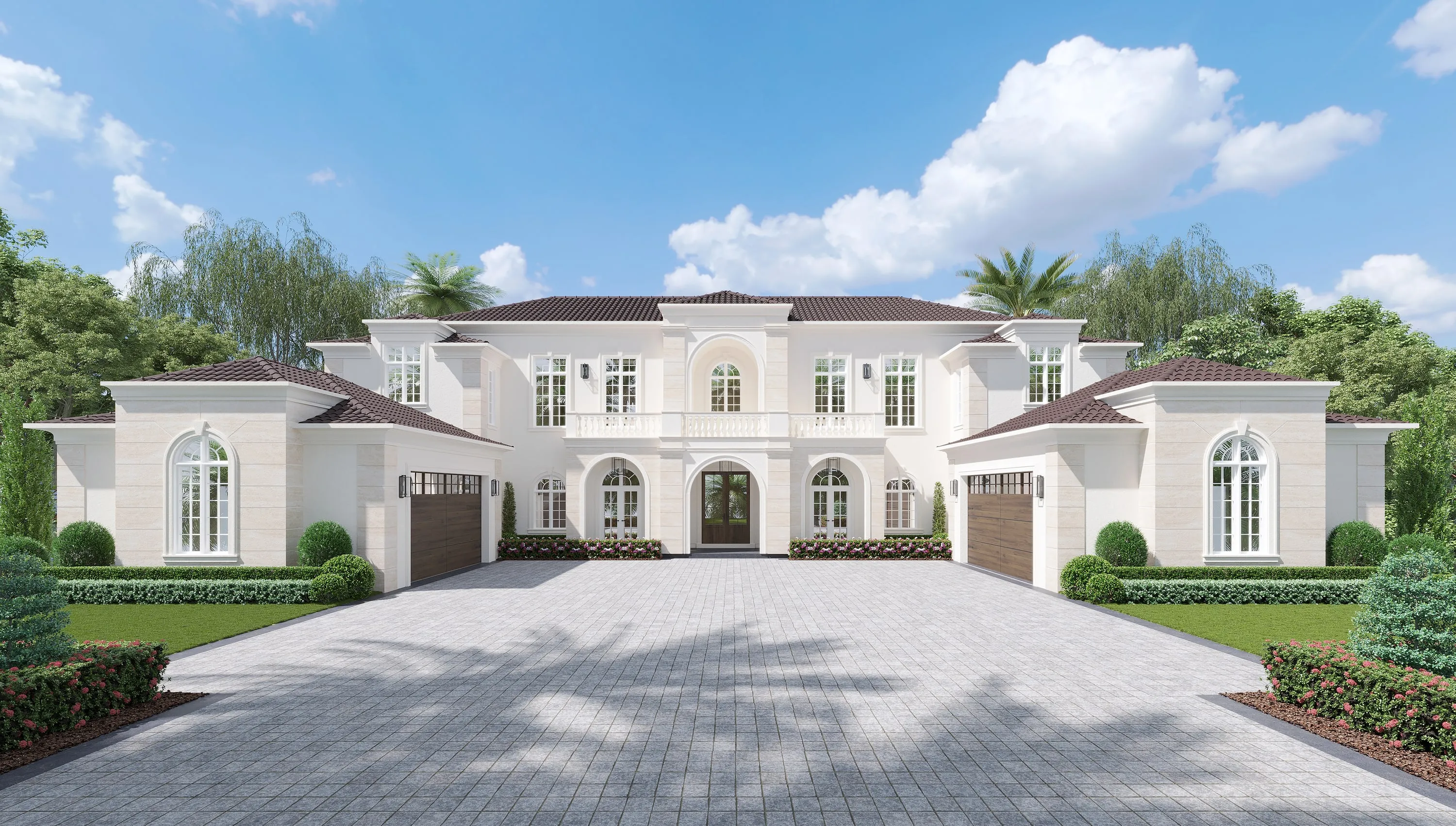 Design rendering of a limestone-toned residence with a formal drive.