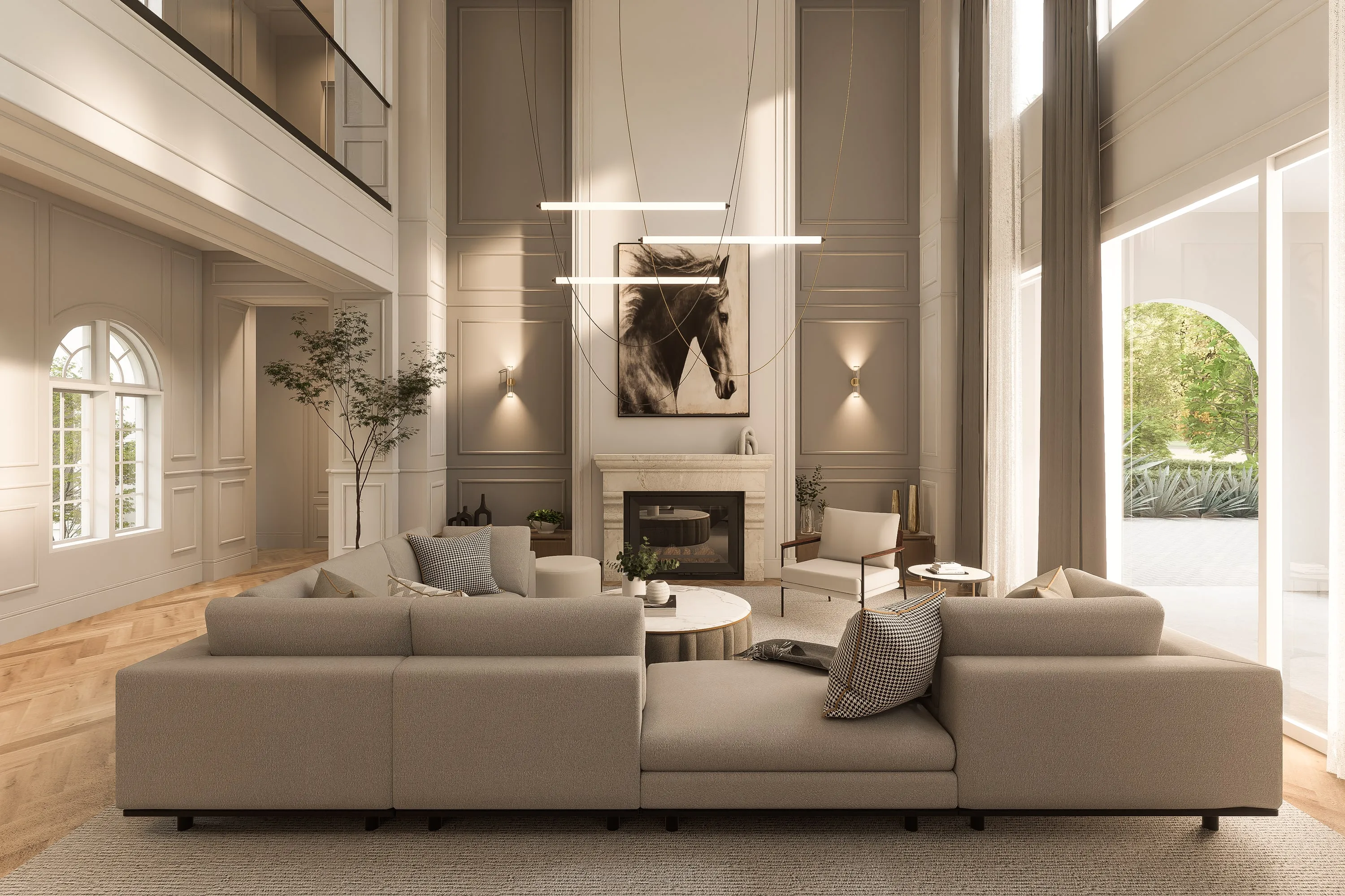 Design rendering of a double-height living room.
