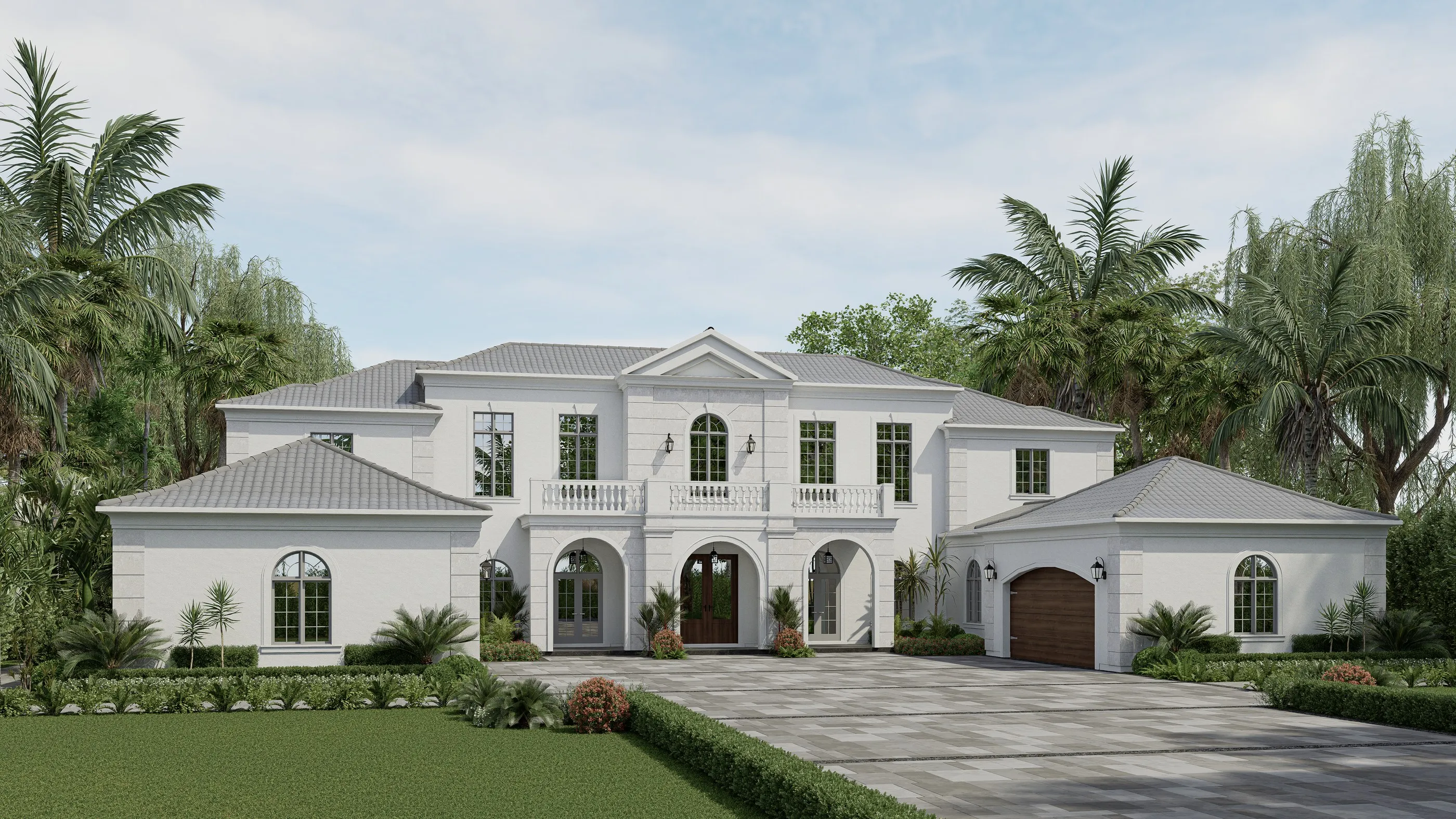 A complete residential design framed by a considered landscape, shown as a rendering.