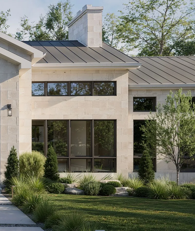 Design rendering detail of pale stone, deep glazing and a gabled roof at Bungalow Residence.