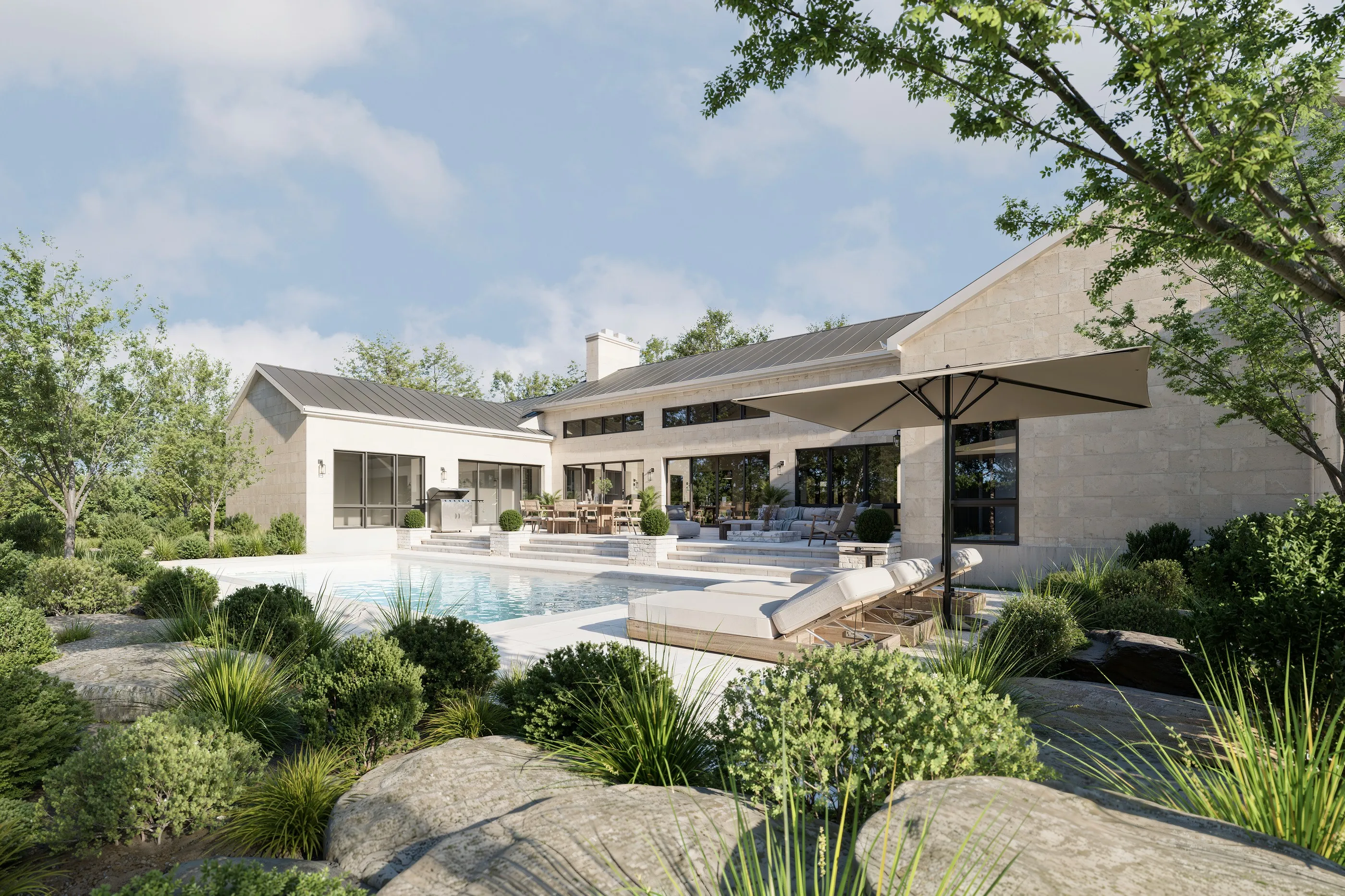 Design rendering of Bungalow Residence opening onto a landscaped pool terrace.
