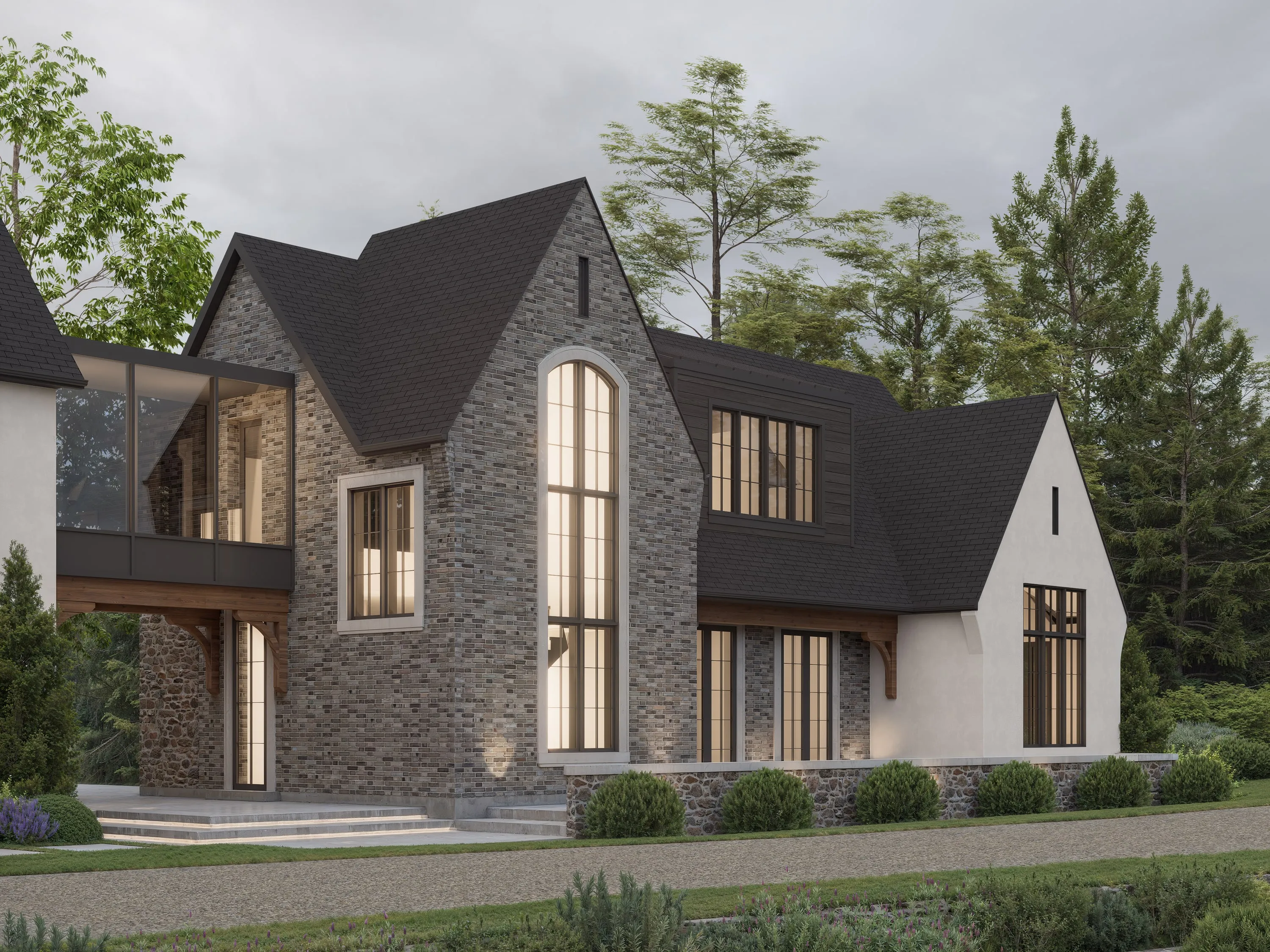 Design rendering of the entry gable in stone and black metal.