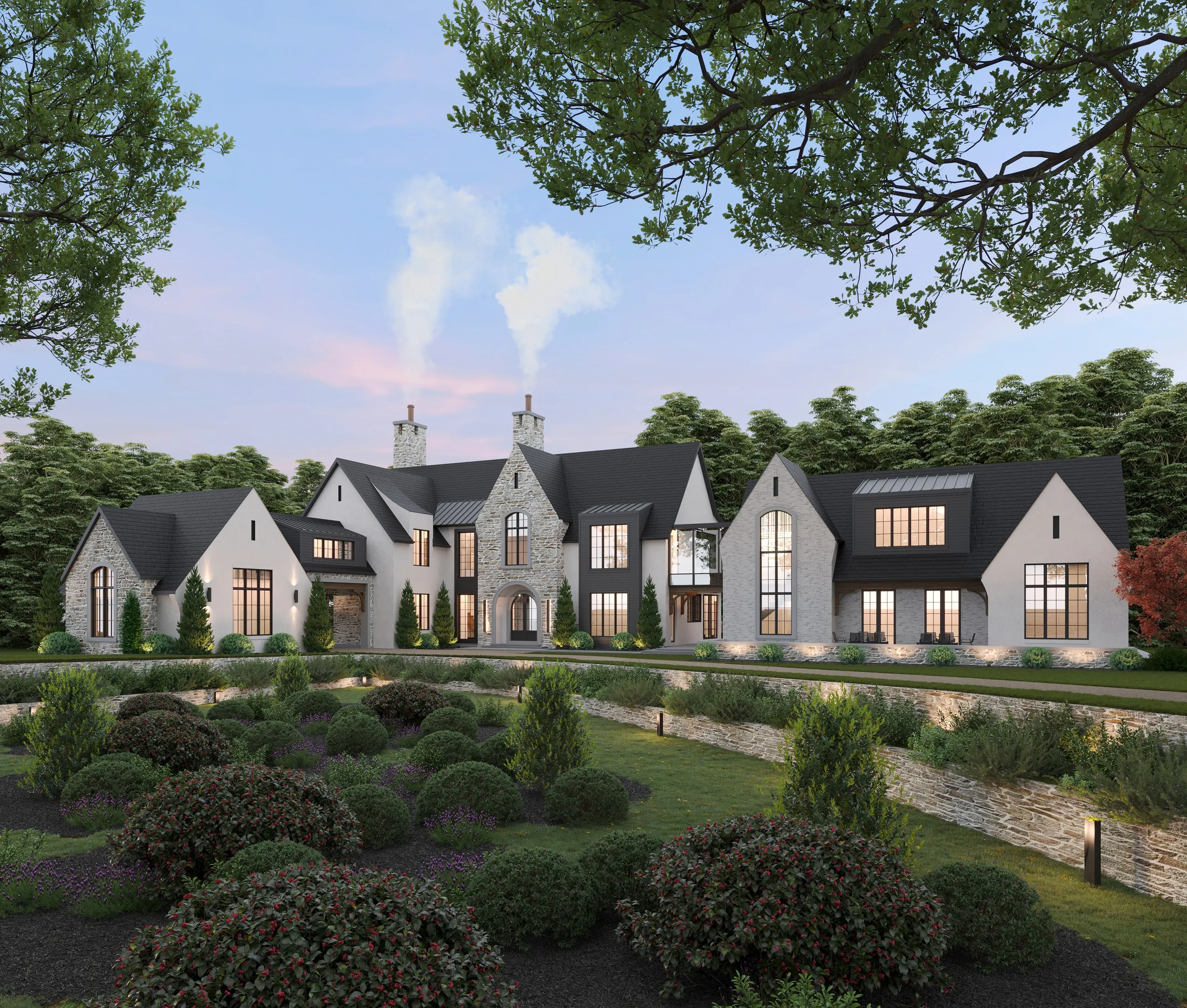 Design rendering of a long stone-and-stucco estate house at dusk, set behind lawns and clipped hedges.