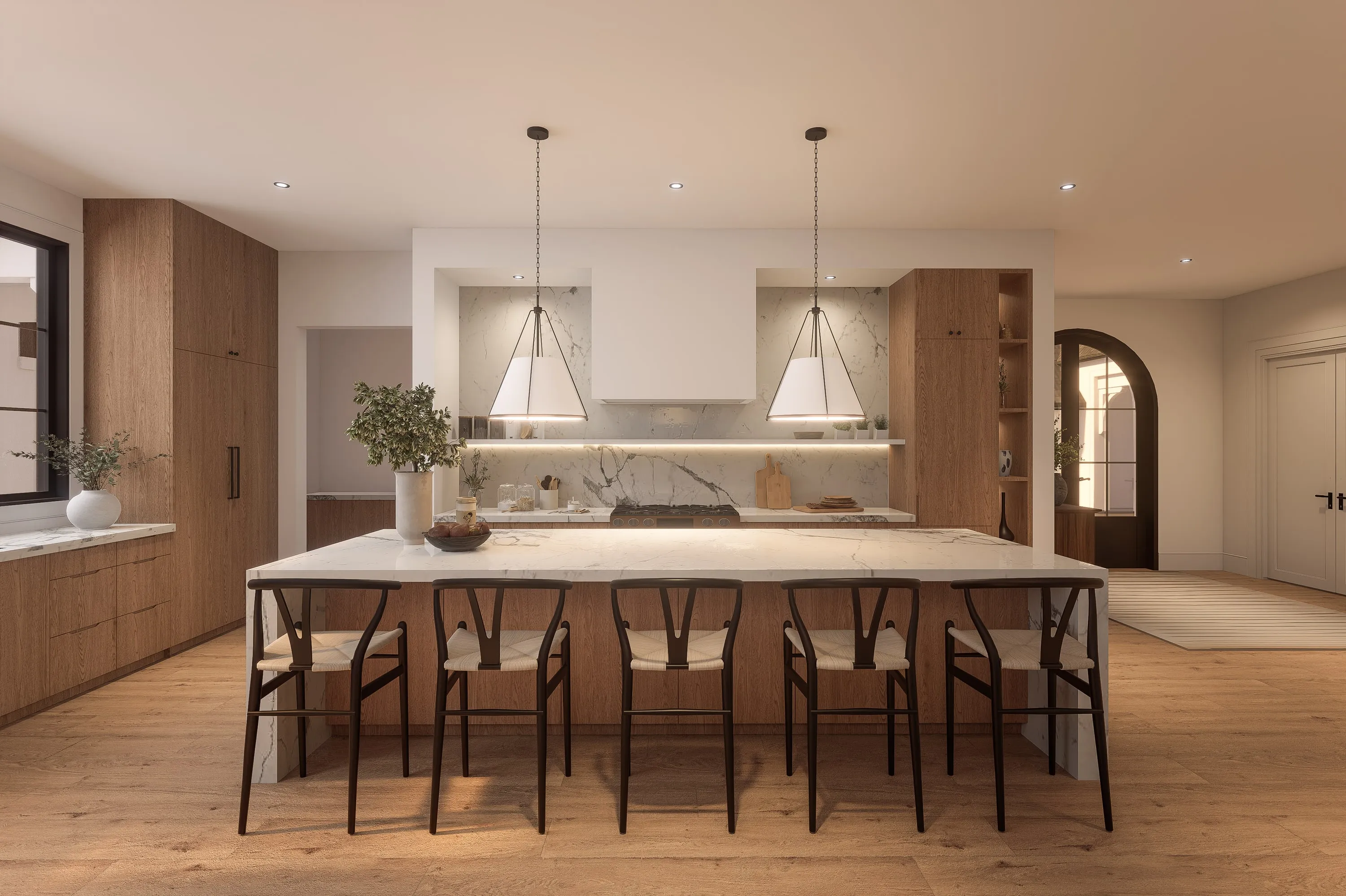 Design rendering of a white oak kitchen with a stone island.