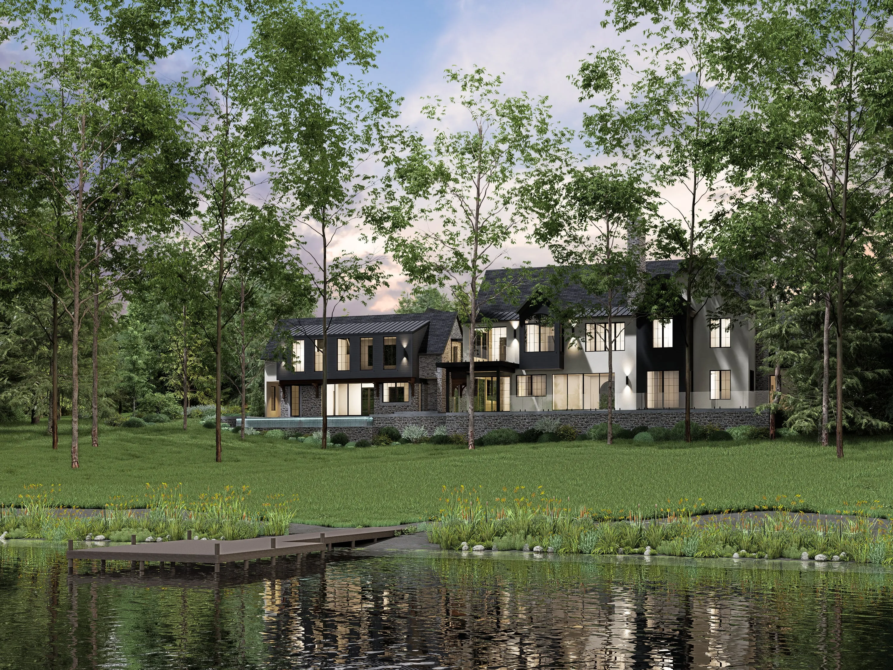 Design rendering of the house seen across the lake.