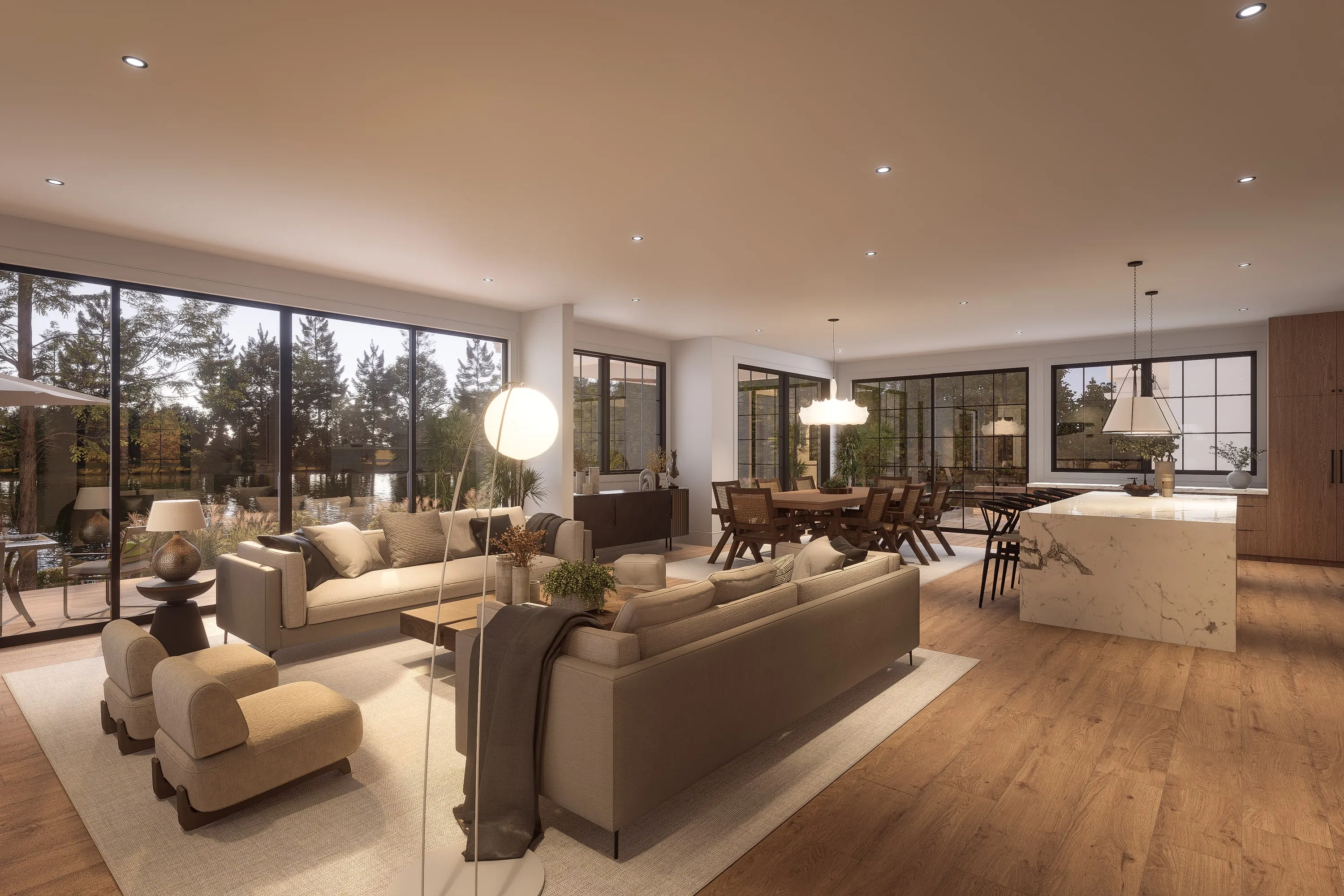 Design rendering of a living room with a stone fireplace and lake views.