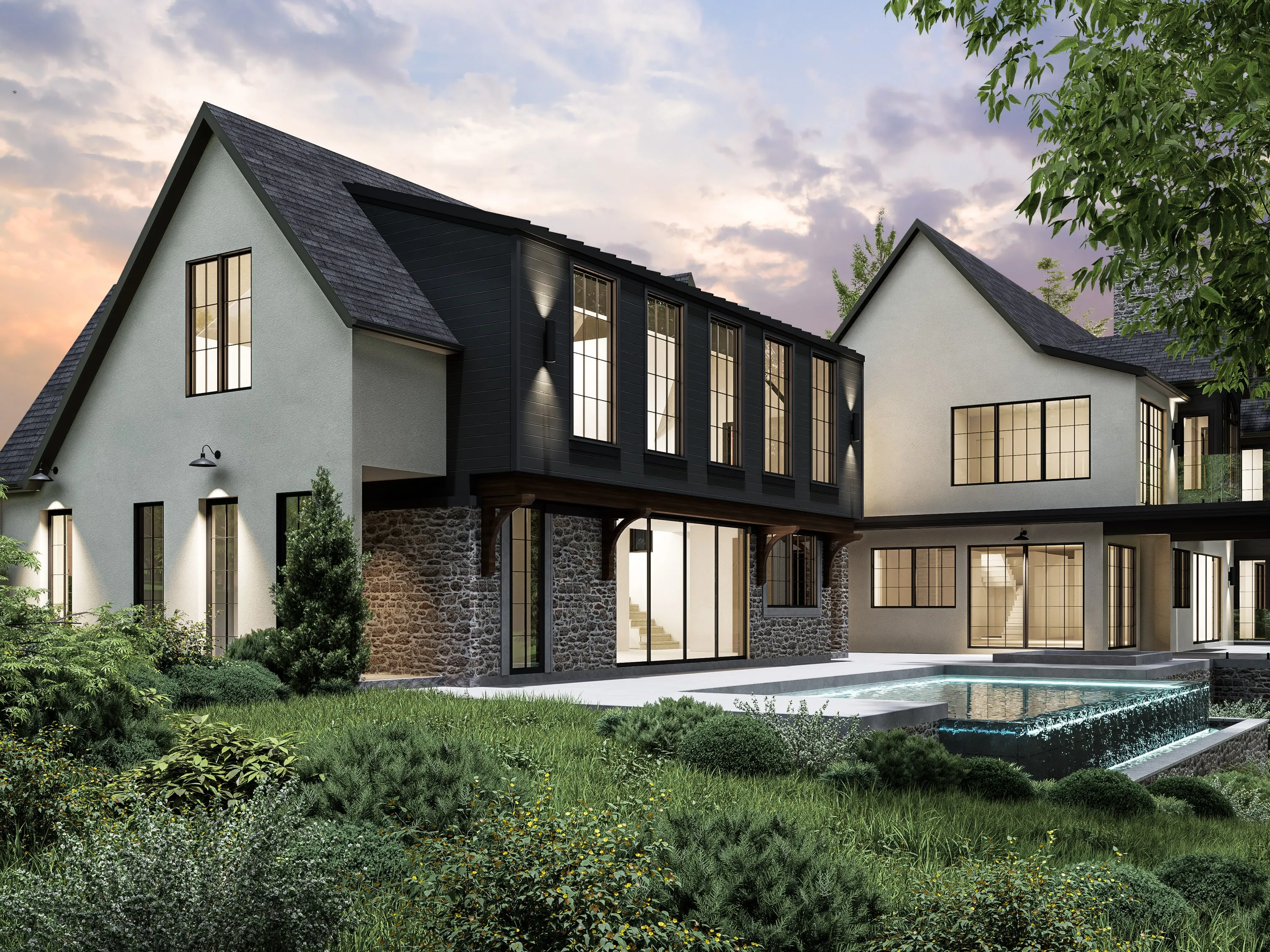 Design rendering of the rear elevation and pool at dusk.