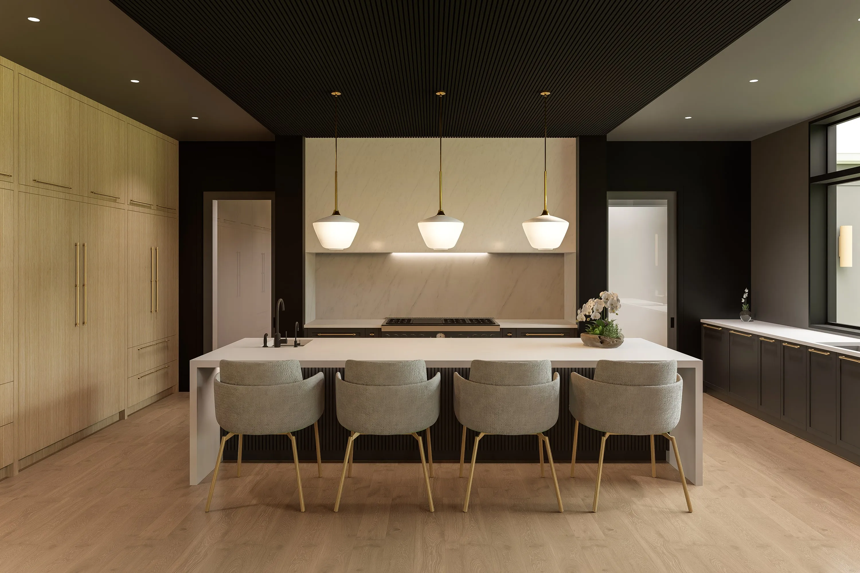 Design rendering of a tailored kitchen with quiet stone and oak finishes.