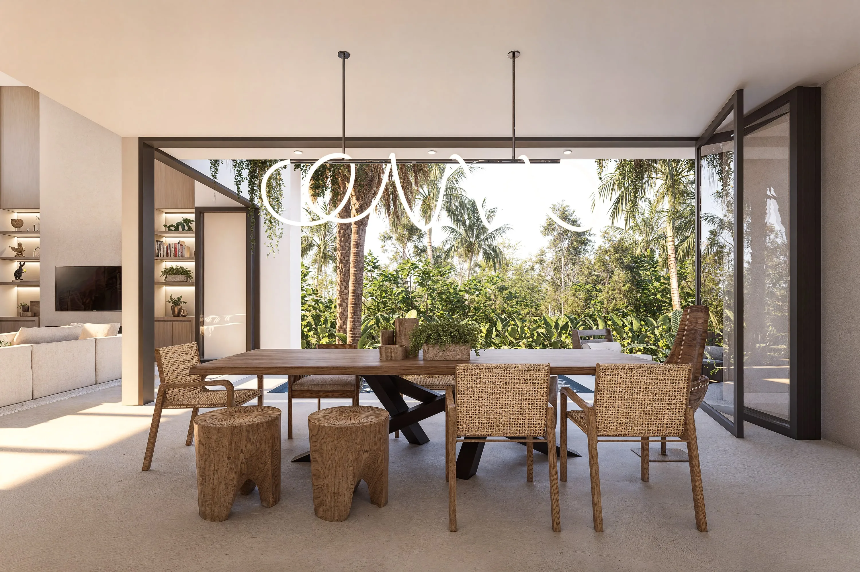 Design rendering of the dining room opening to the palms.