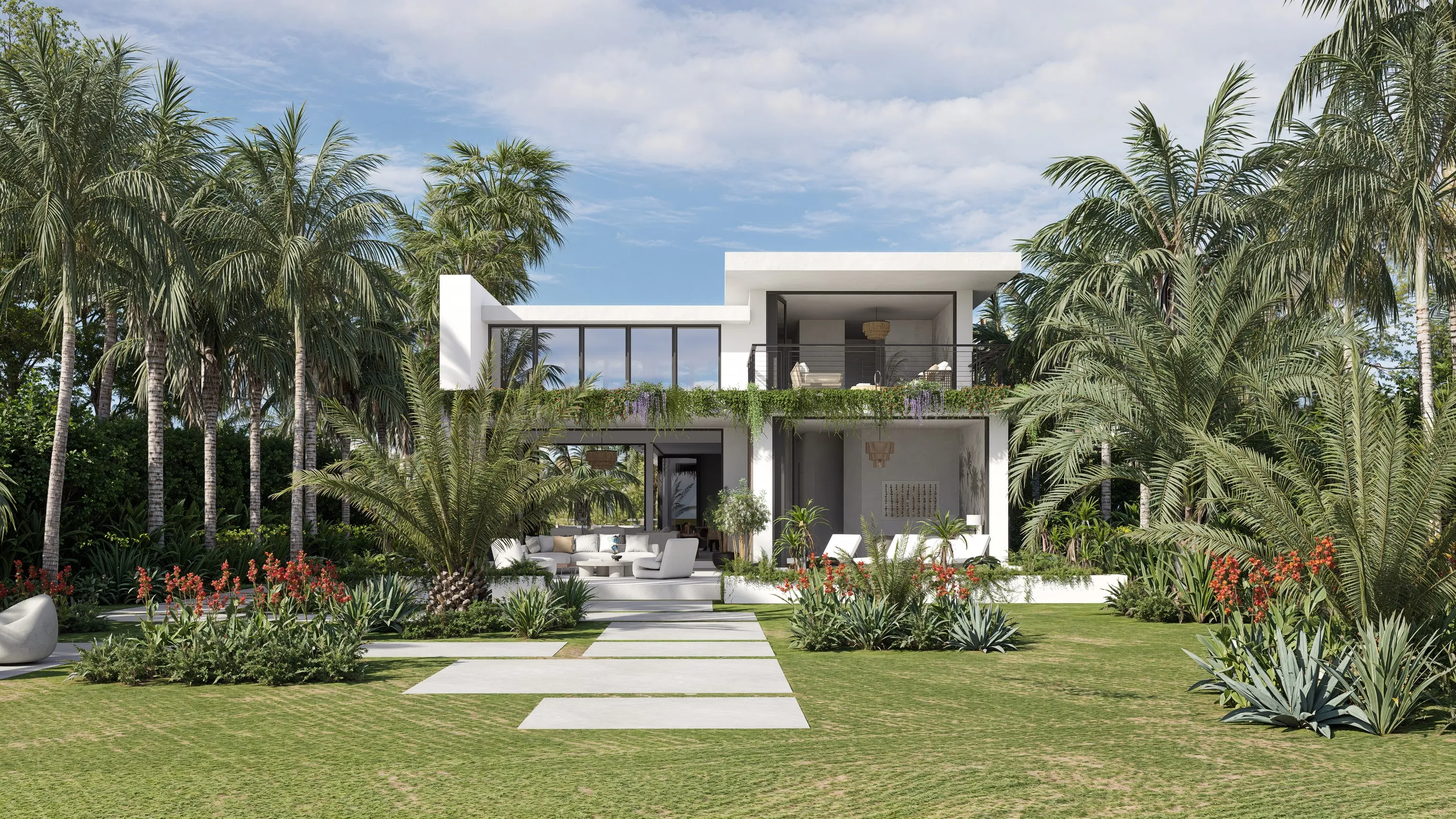 Design rendering of a white two-storey beach house with deep loggias, seen across a lawn and palms.