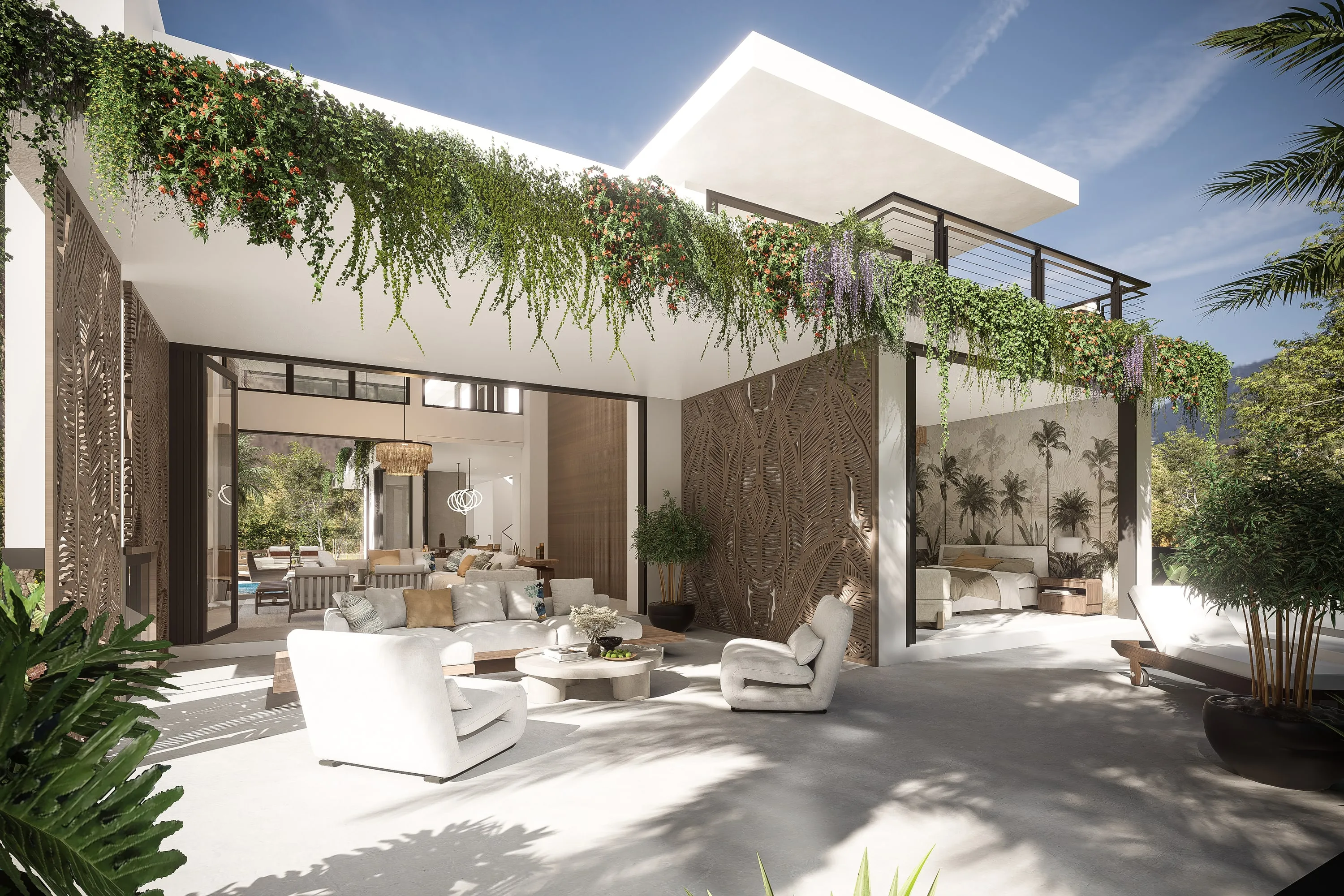 Design rendering of an open living room behind carved timber screens.