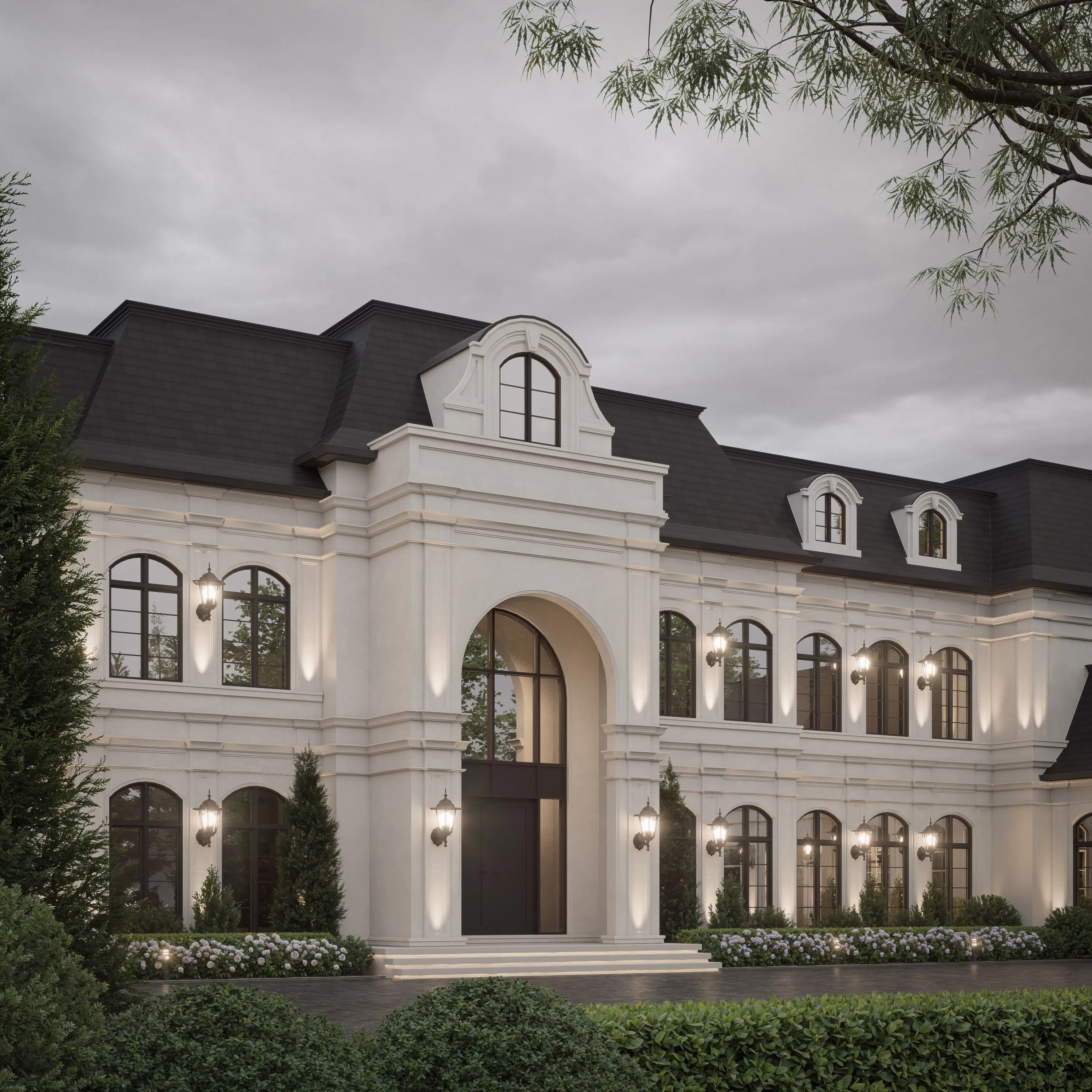 Design rendering of the arched entry pavilion at dusk.
