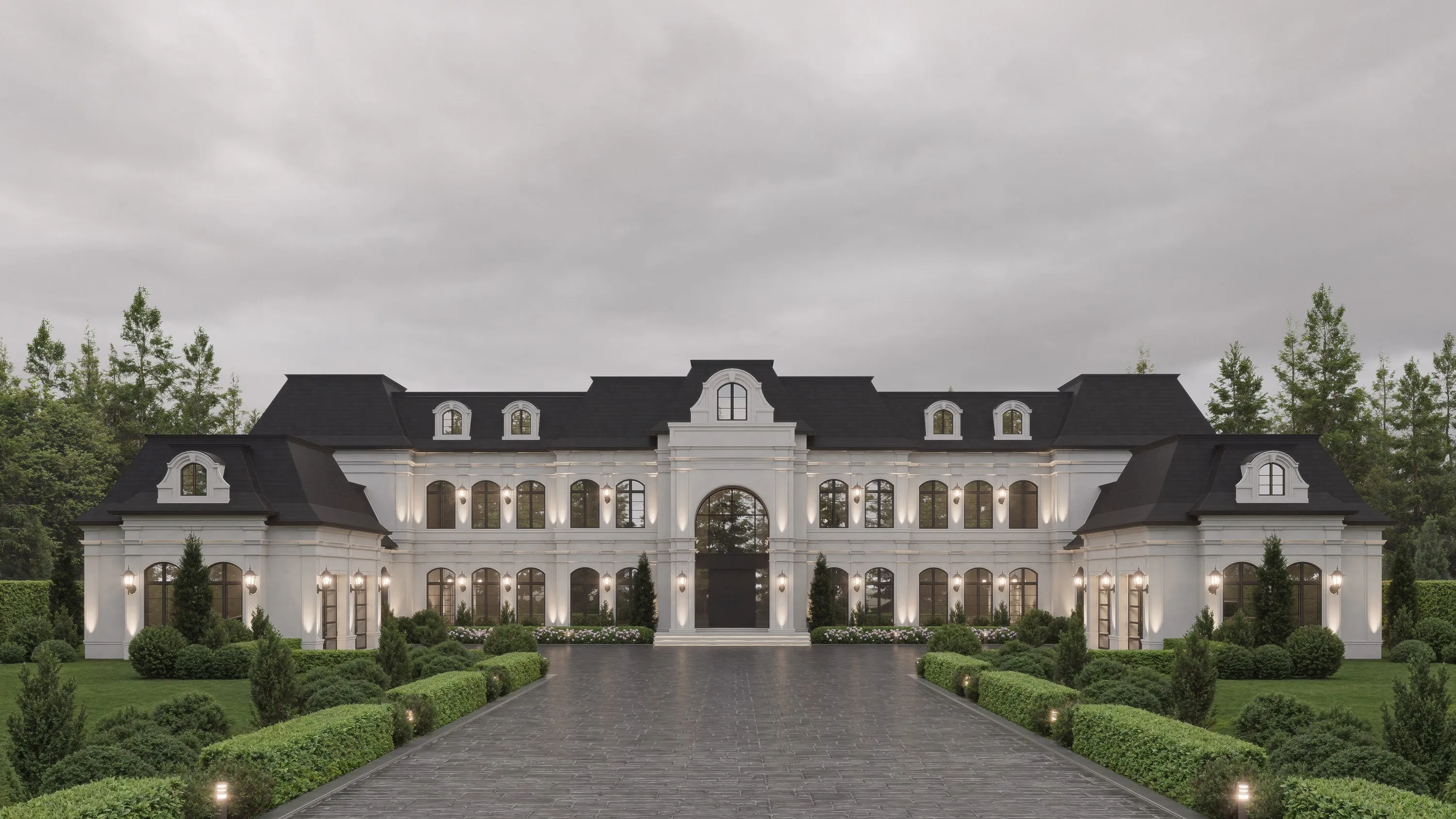 Design rendering of a symmetrical château-style residence with a slate roof and a long formal drive.