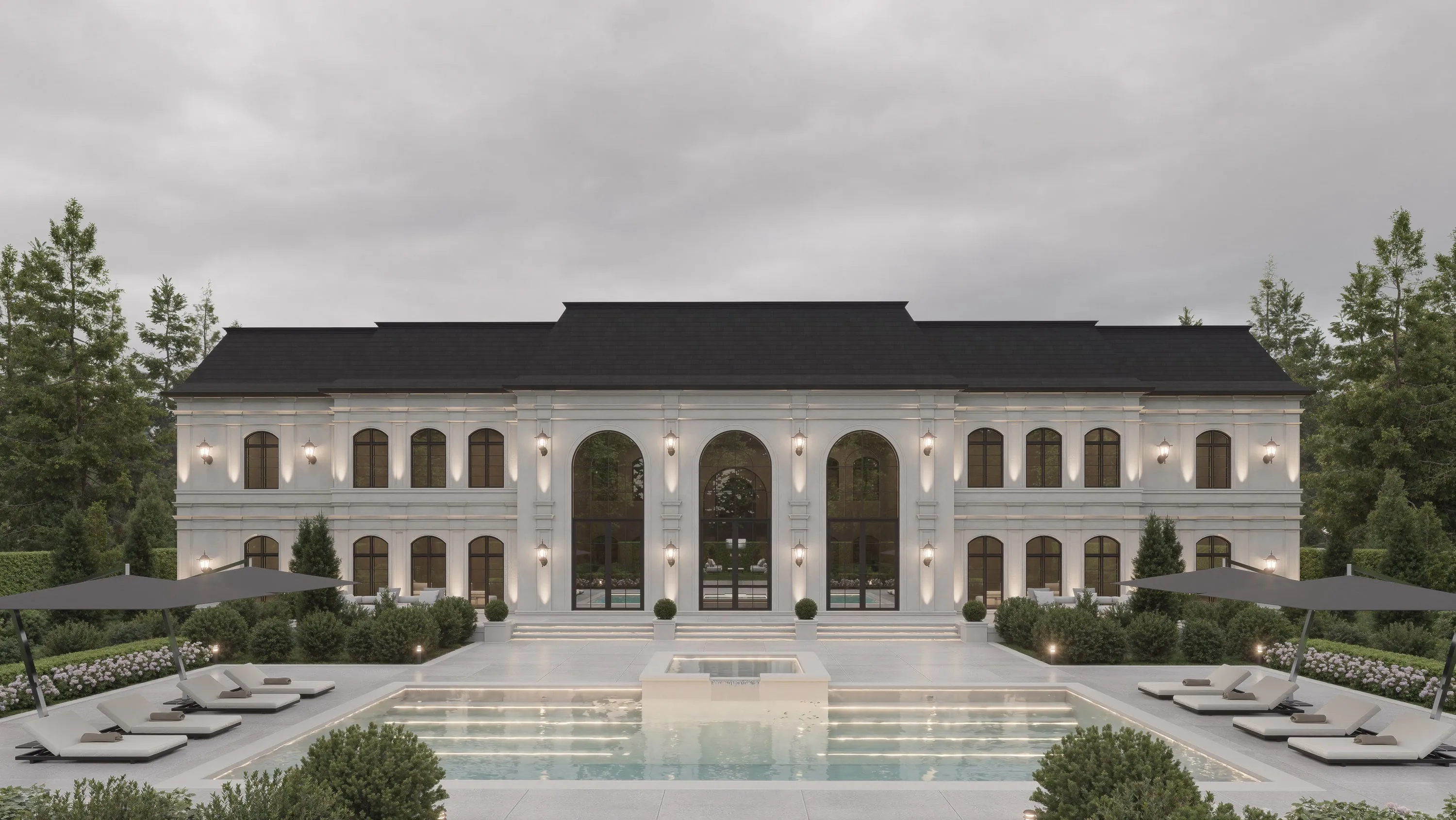 Design rendering of the garden elevation and pool.
