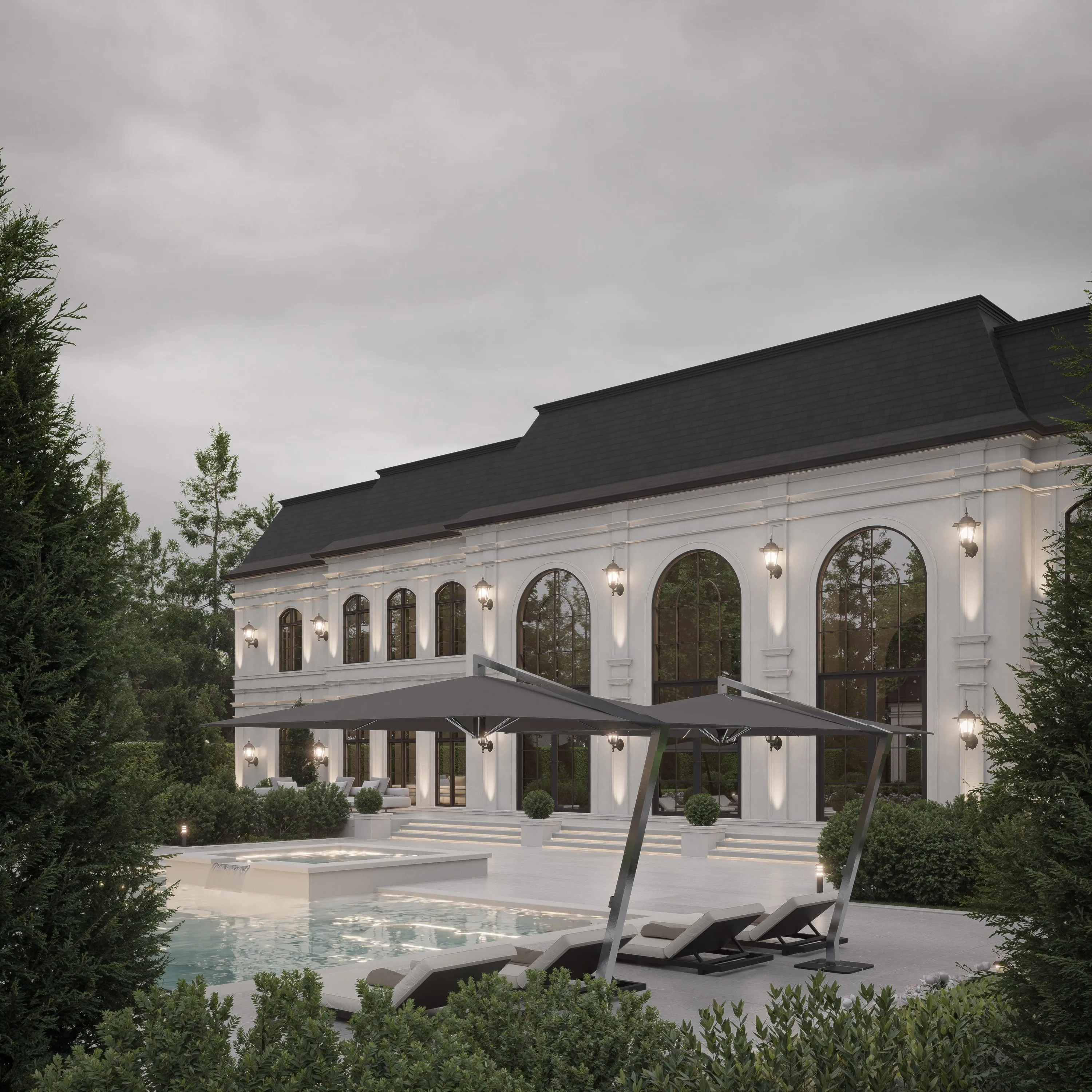 Design rendering of the pool terrace and arched loggia.