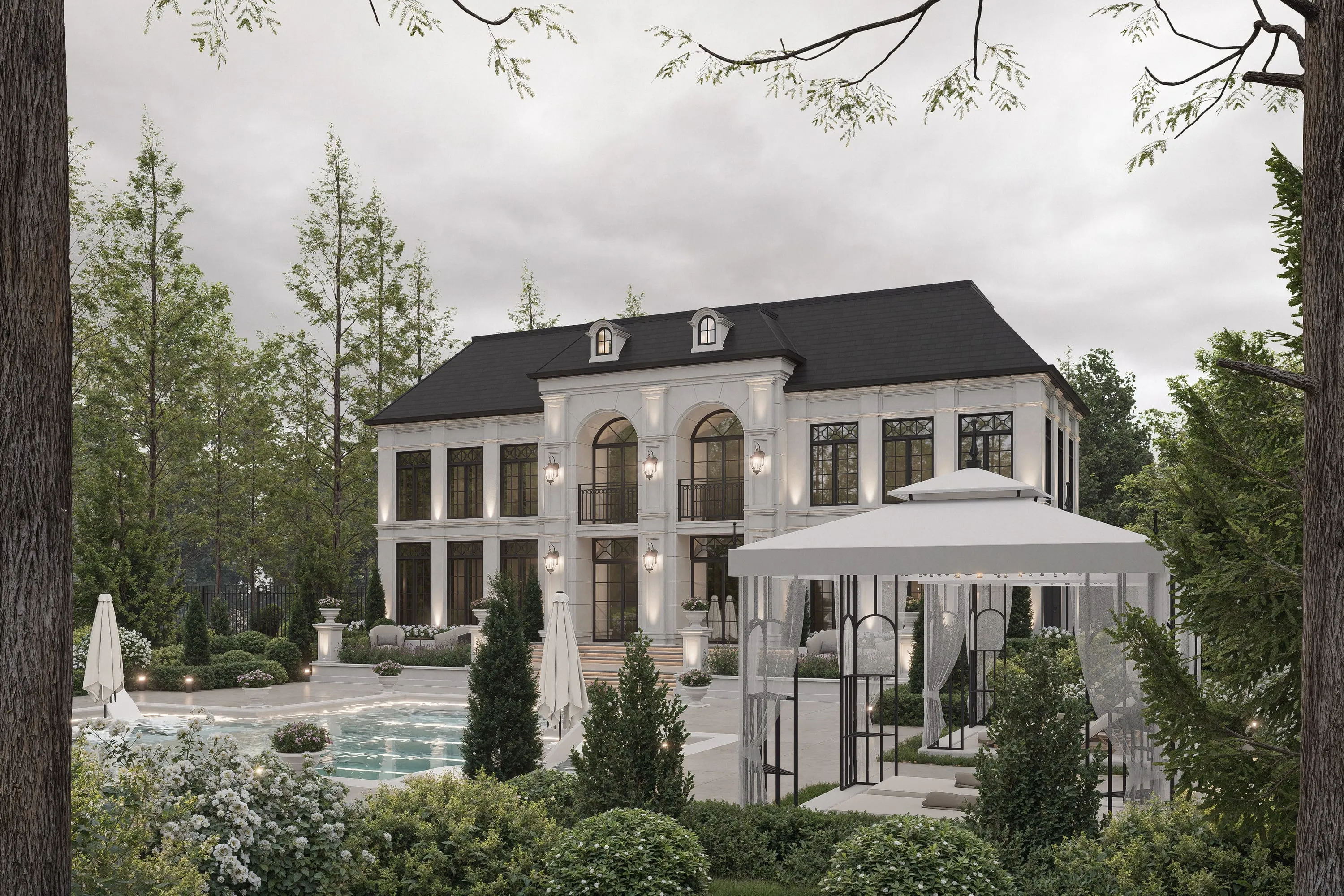Design rendering of the garden gazebo and pool edge.