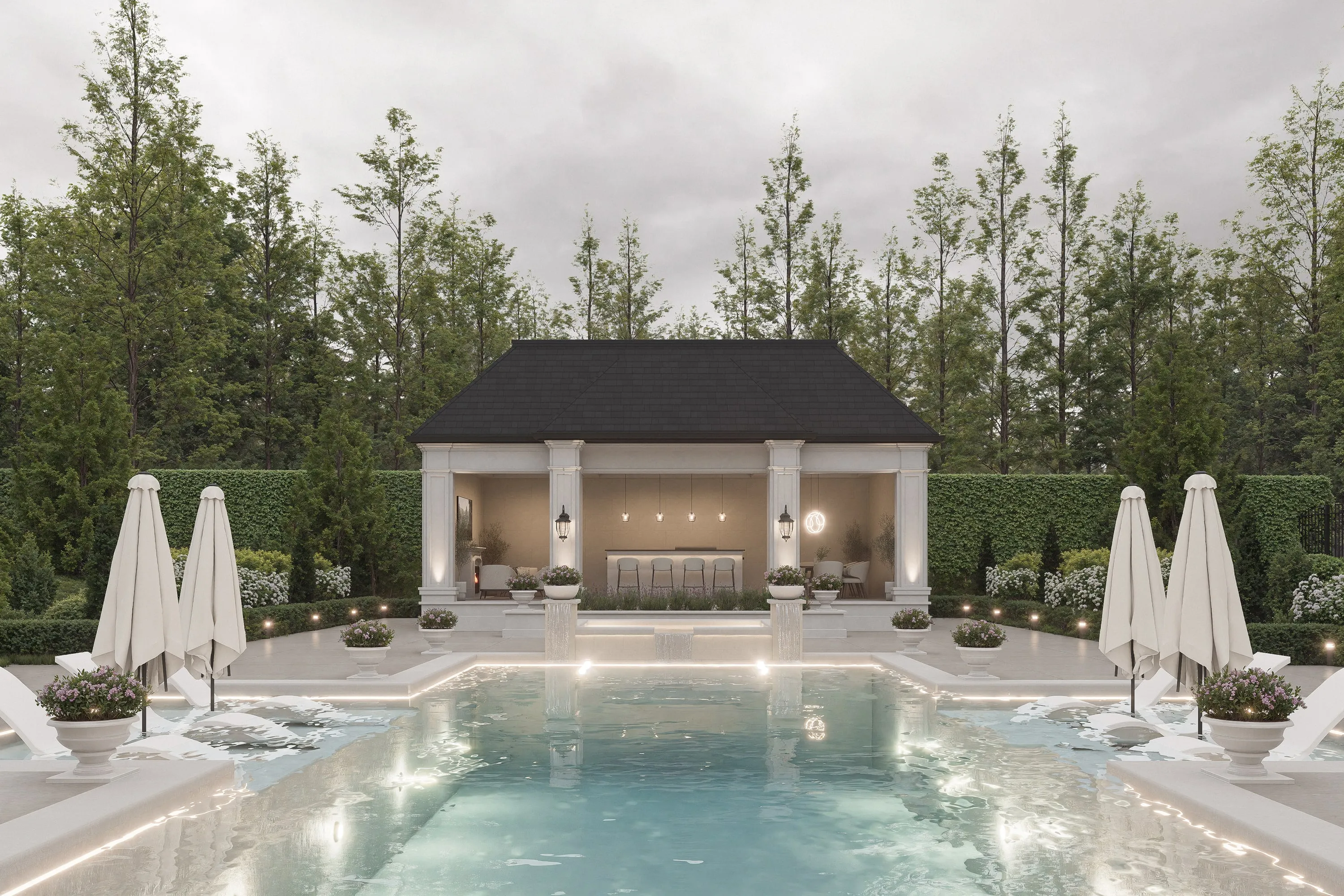Design rendering of the pool house and loungers.