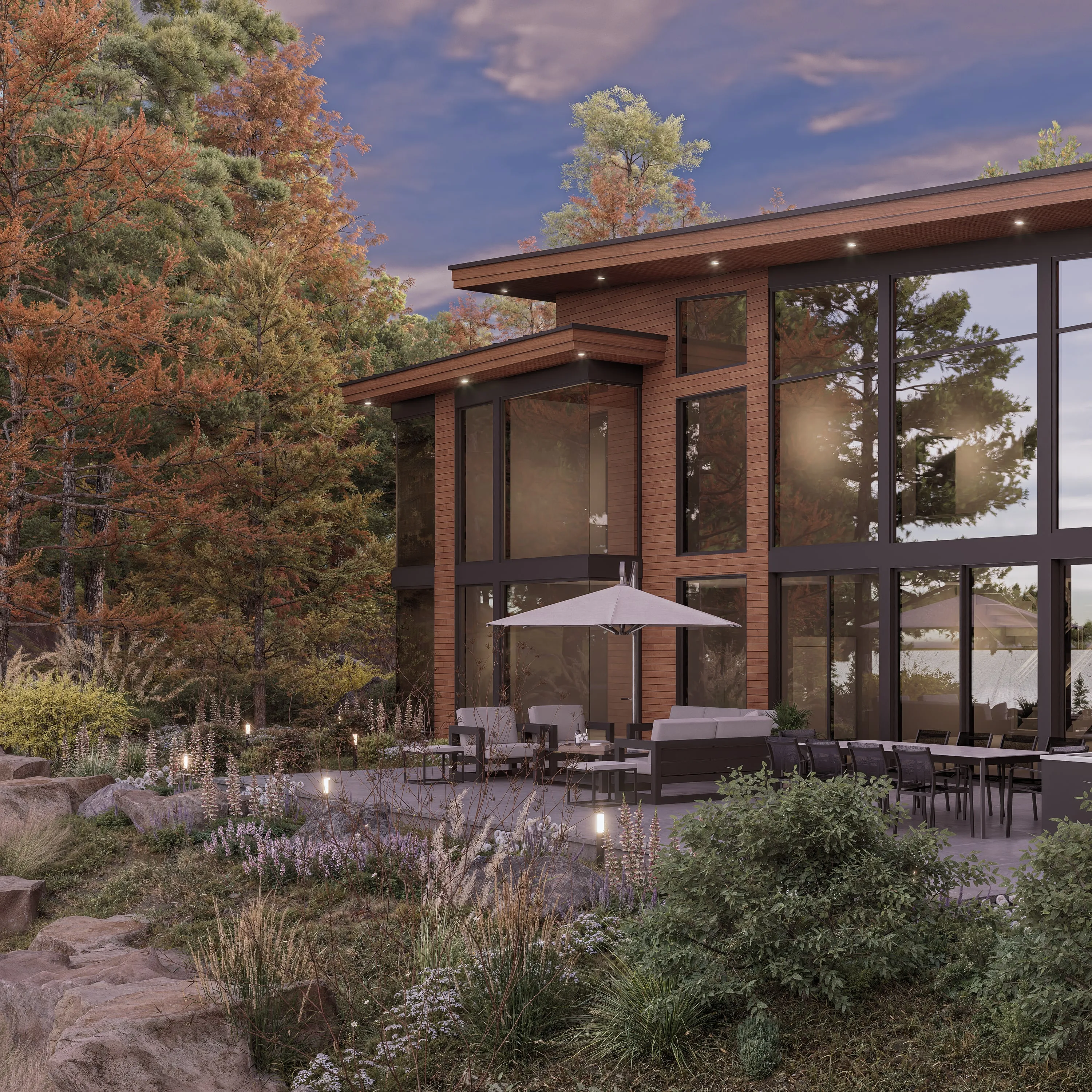 Design rendering of the glazed living wing at dusk.