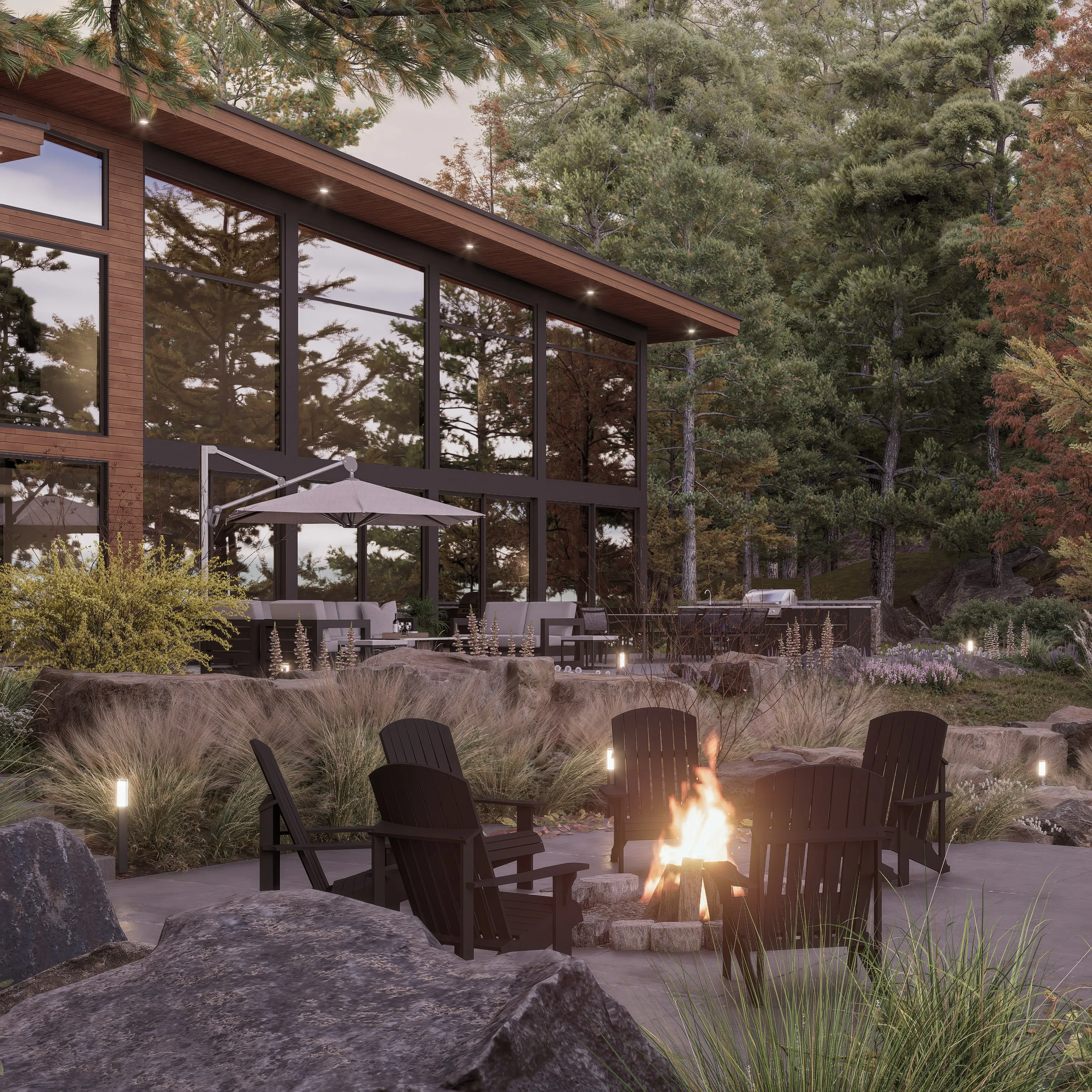 Design rendering of the fire terrace at dusk.