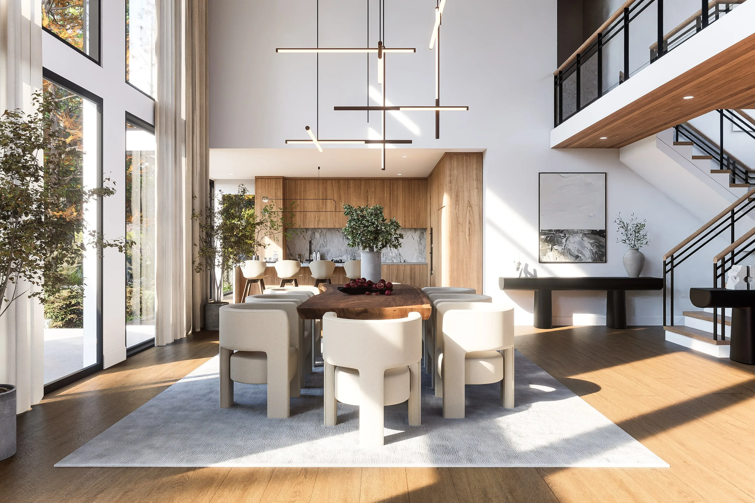 Design rendering of the double-height living space.