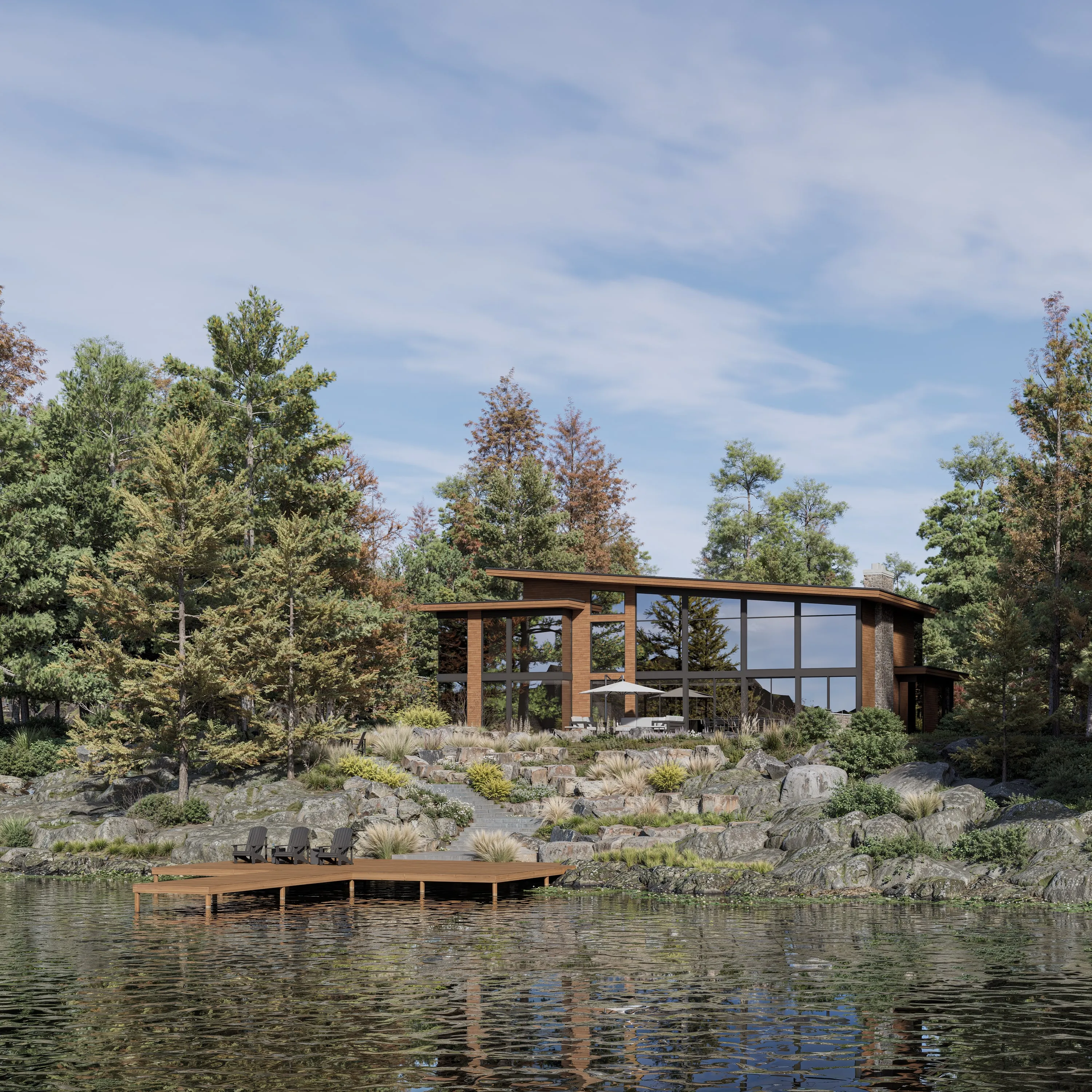 Design rendering of a low timber-and-glass house on a rocky lakeshore, with a dock in the foreground.