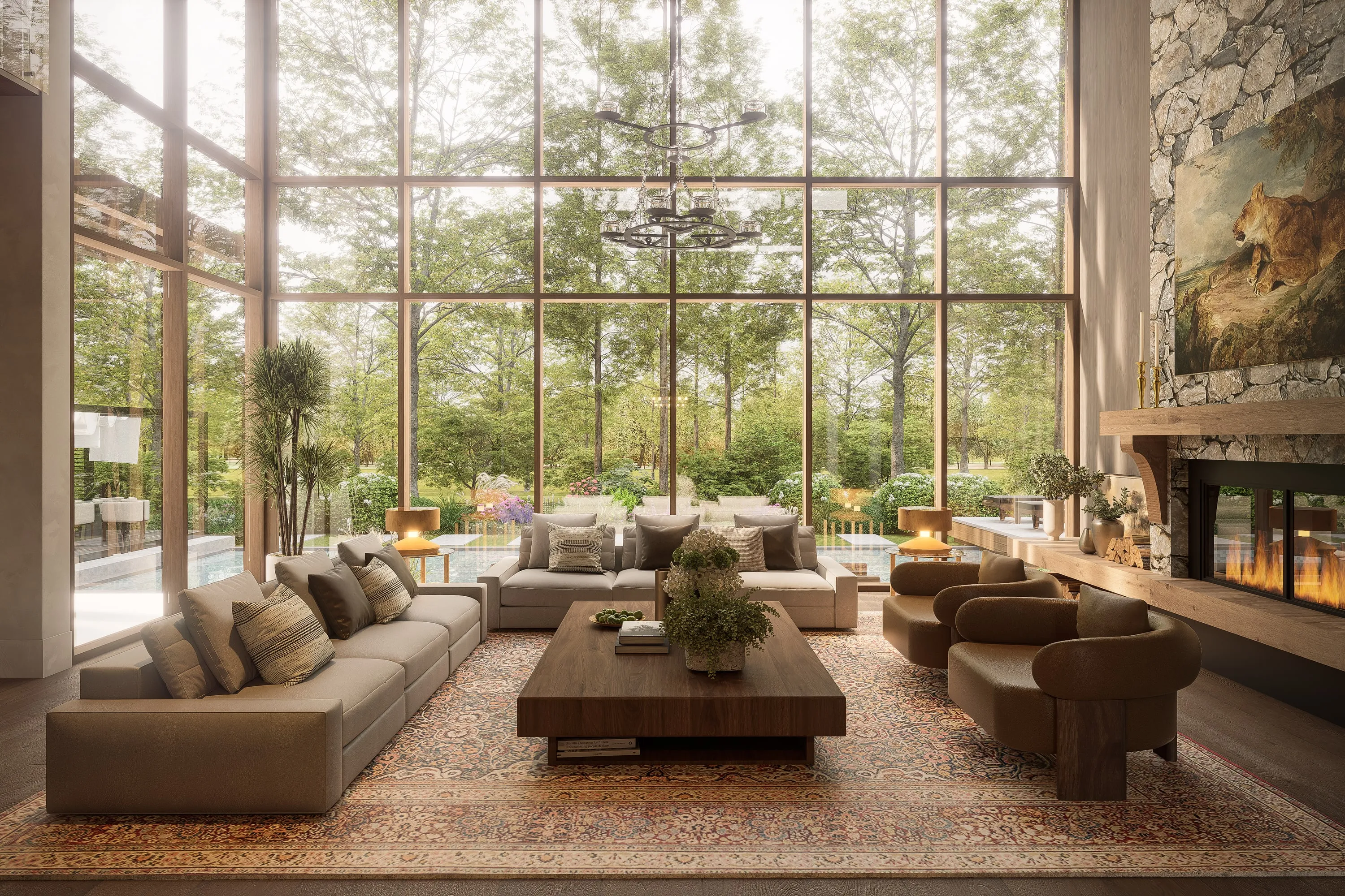 Design rendering of a great room under a timber ceiling.
