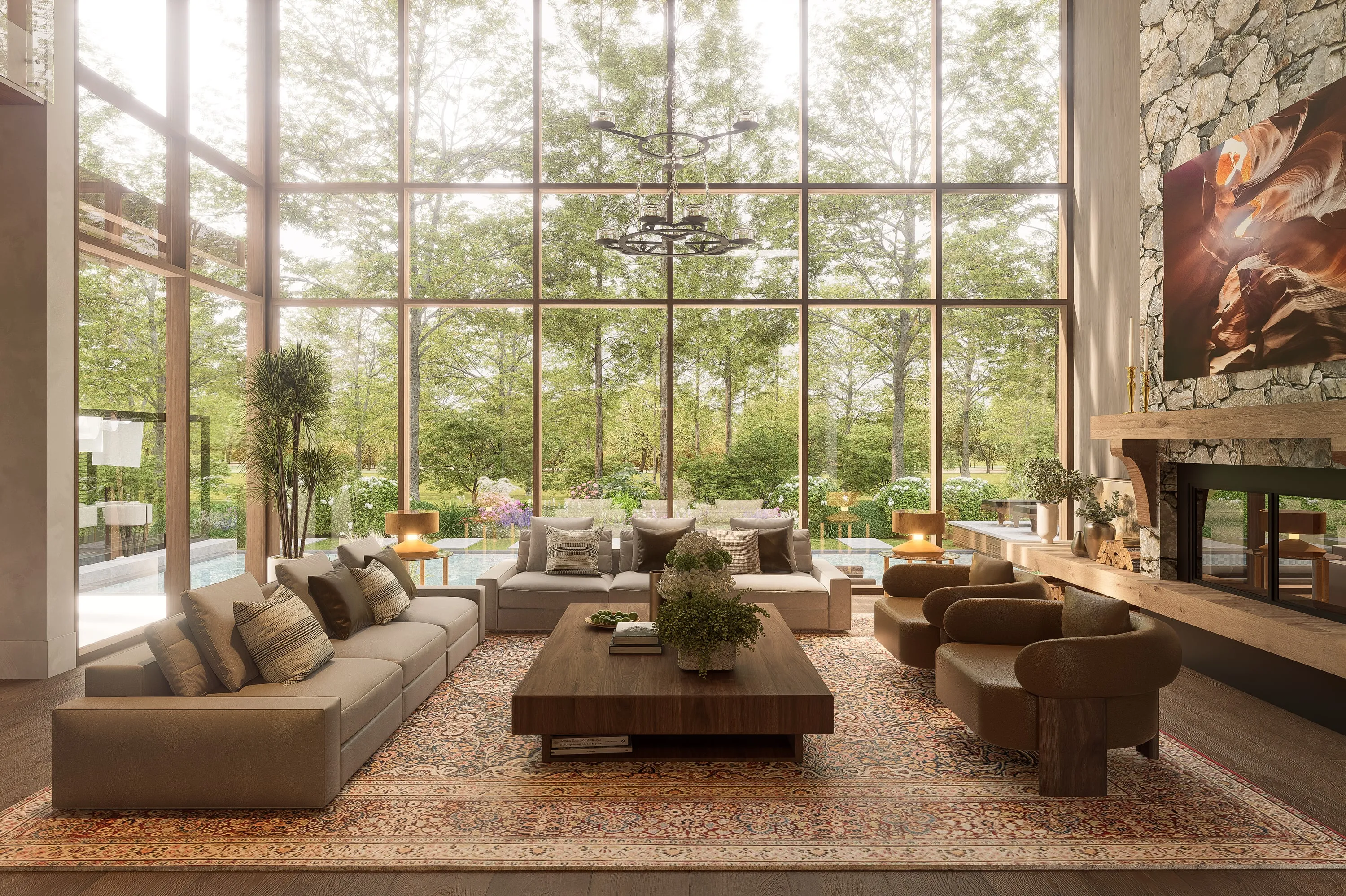 Design rendering of the great room and fireplace.