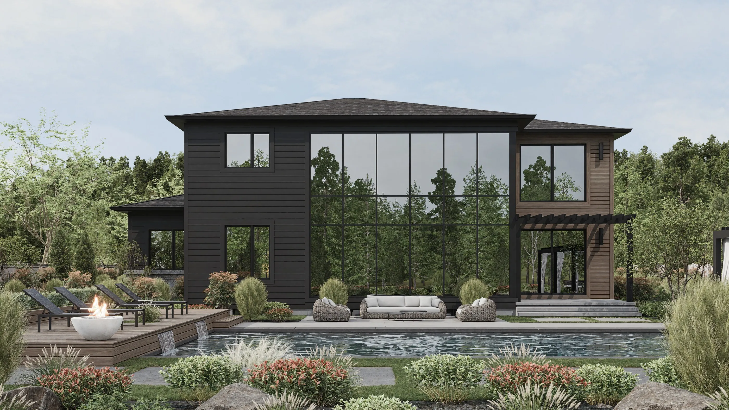 Development design rendering, with considered materials and landscape.