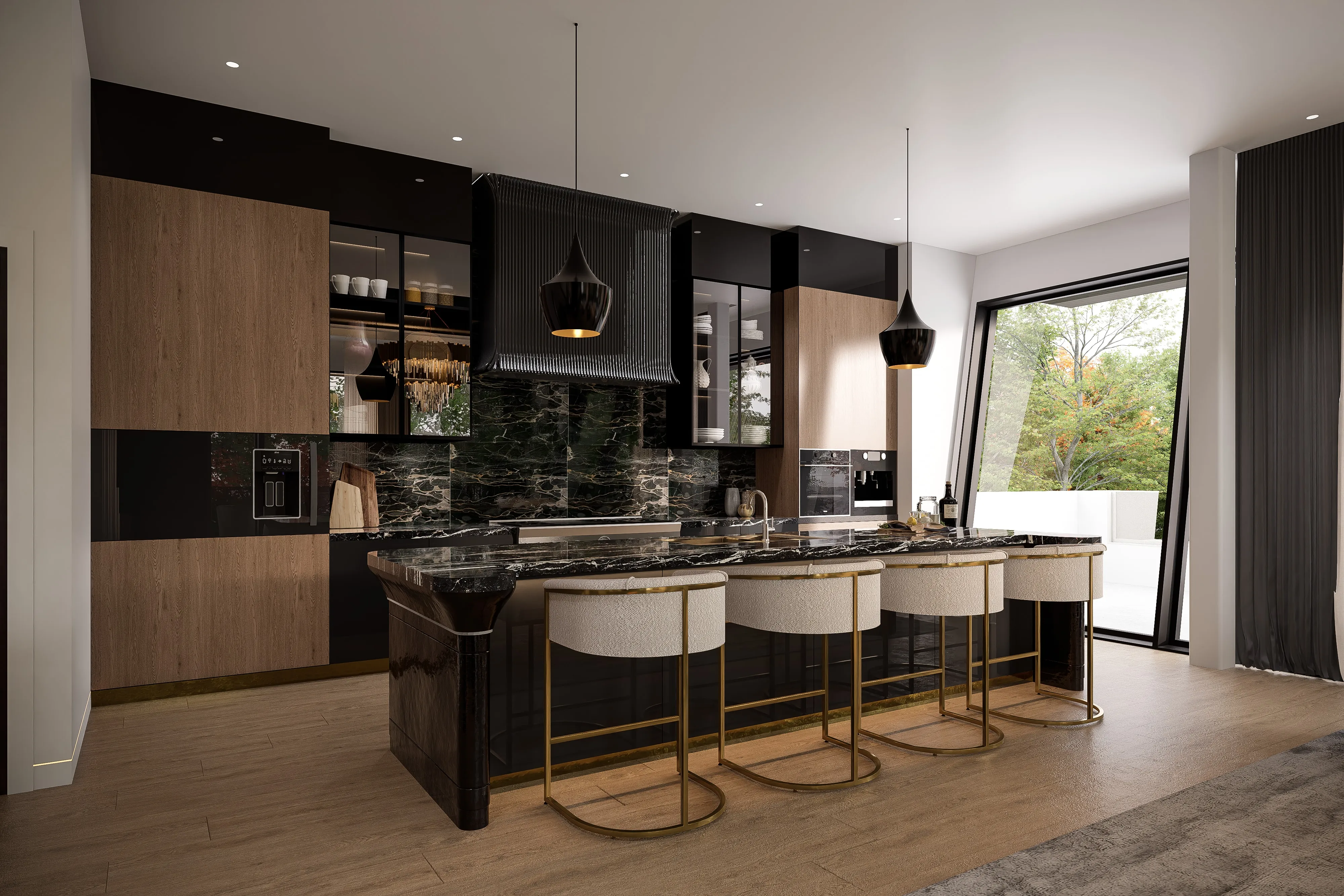 Design rendering of dark stone and tailored oak kitchen cabinetry.