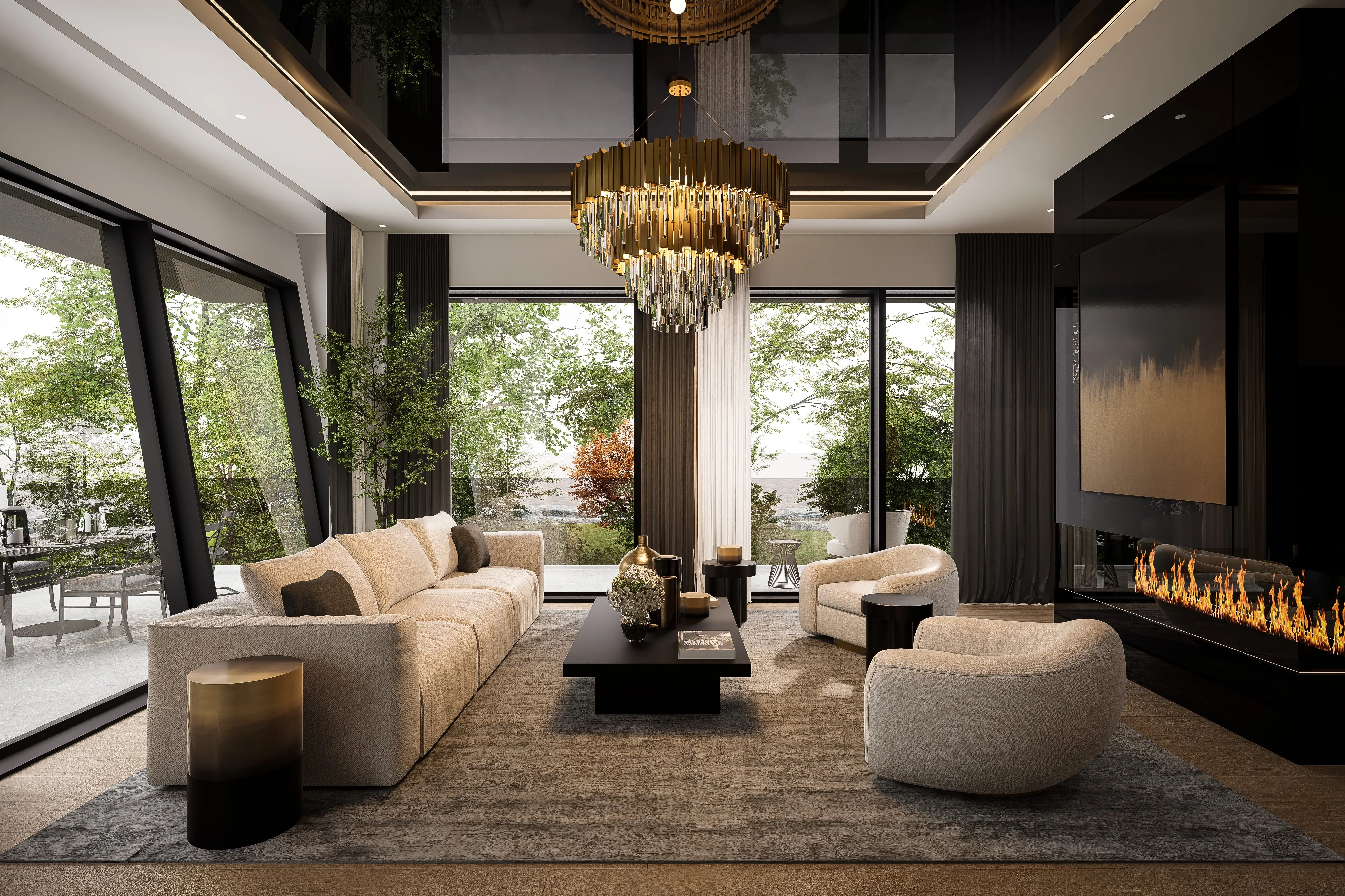 Design rendering of a living room opening through full-height glazing to the garden.