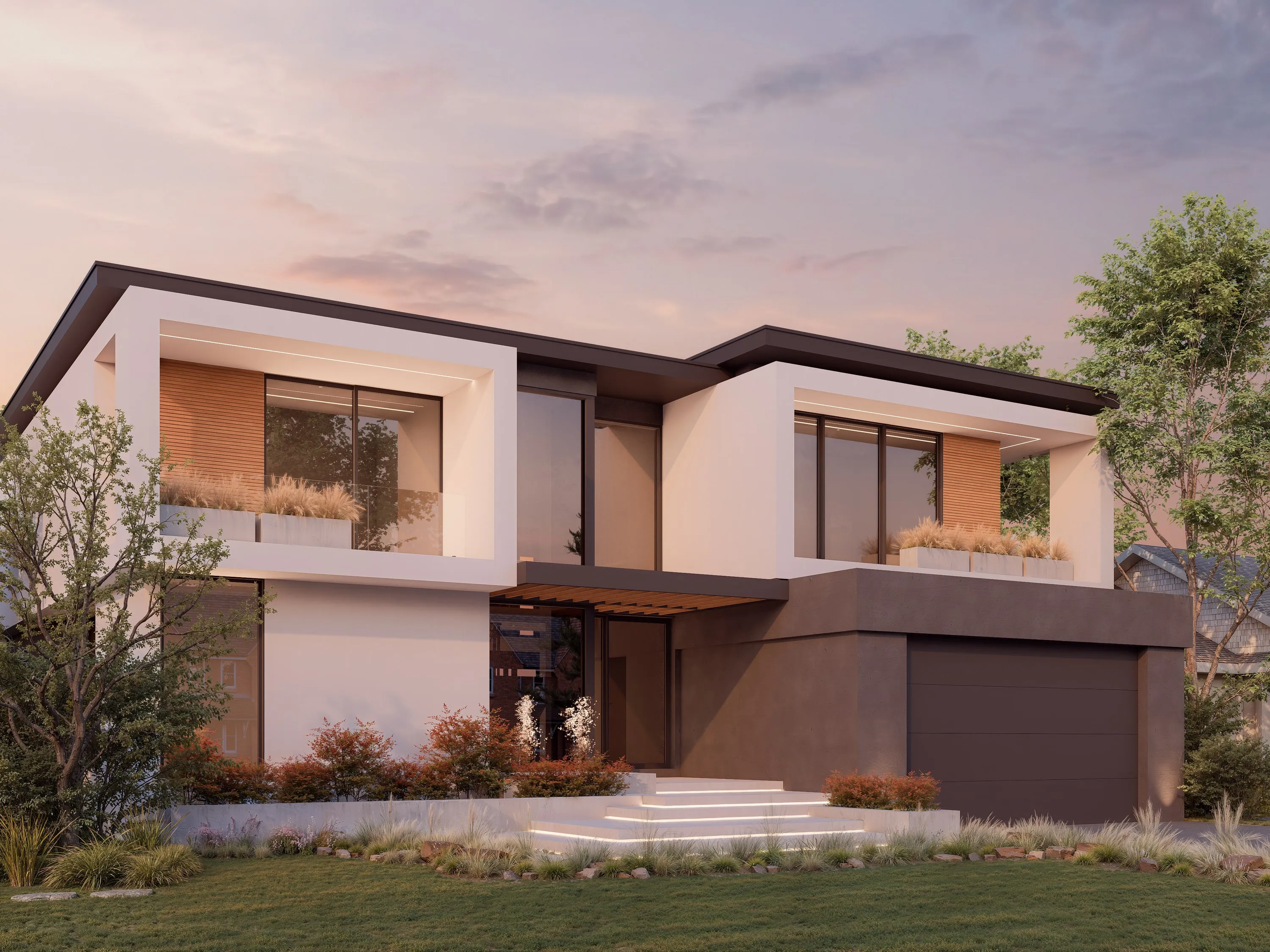 Design rendering of the rear elevation at dusk.