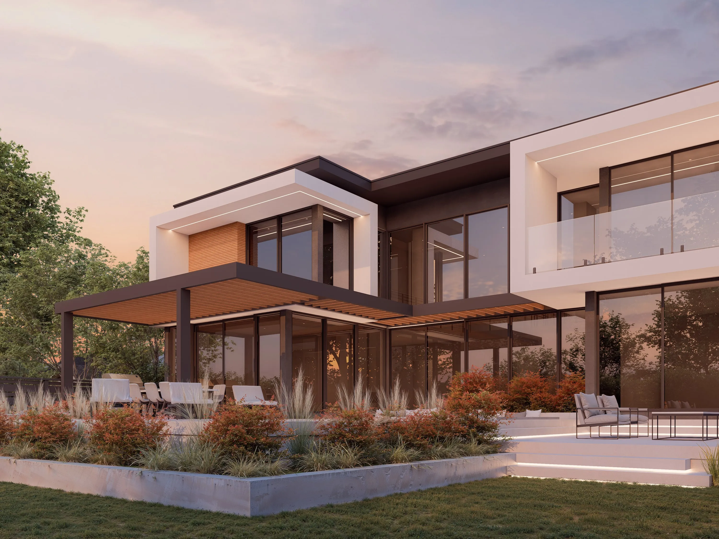 Design rendering of a flat-roofed residence with a covered terrace and pool at dusk.