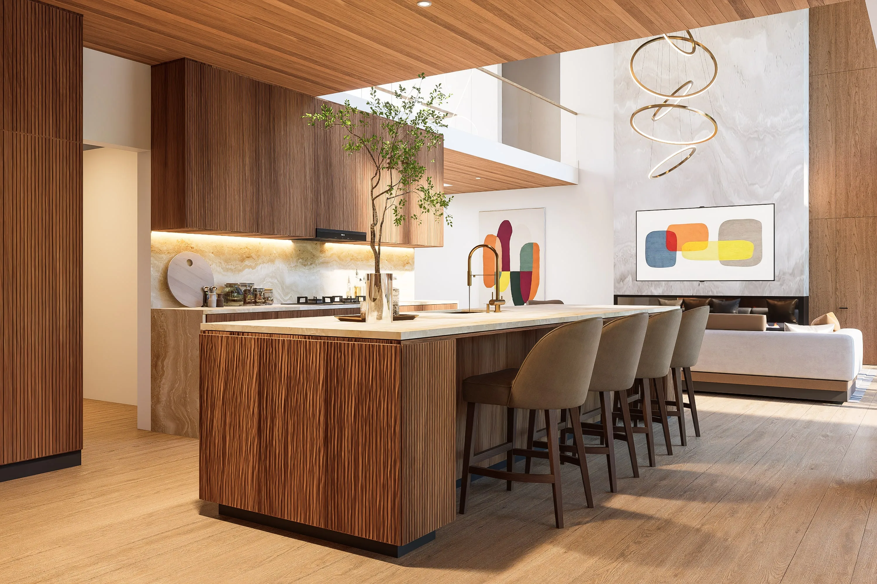 Design rendering of the walnut kitchen.