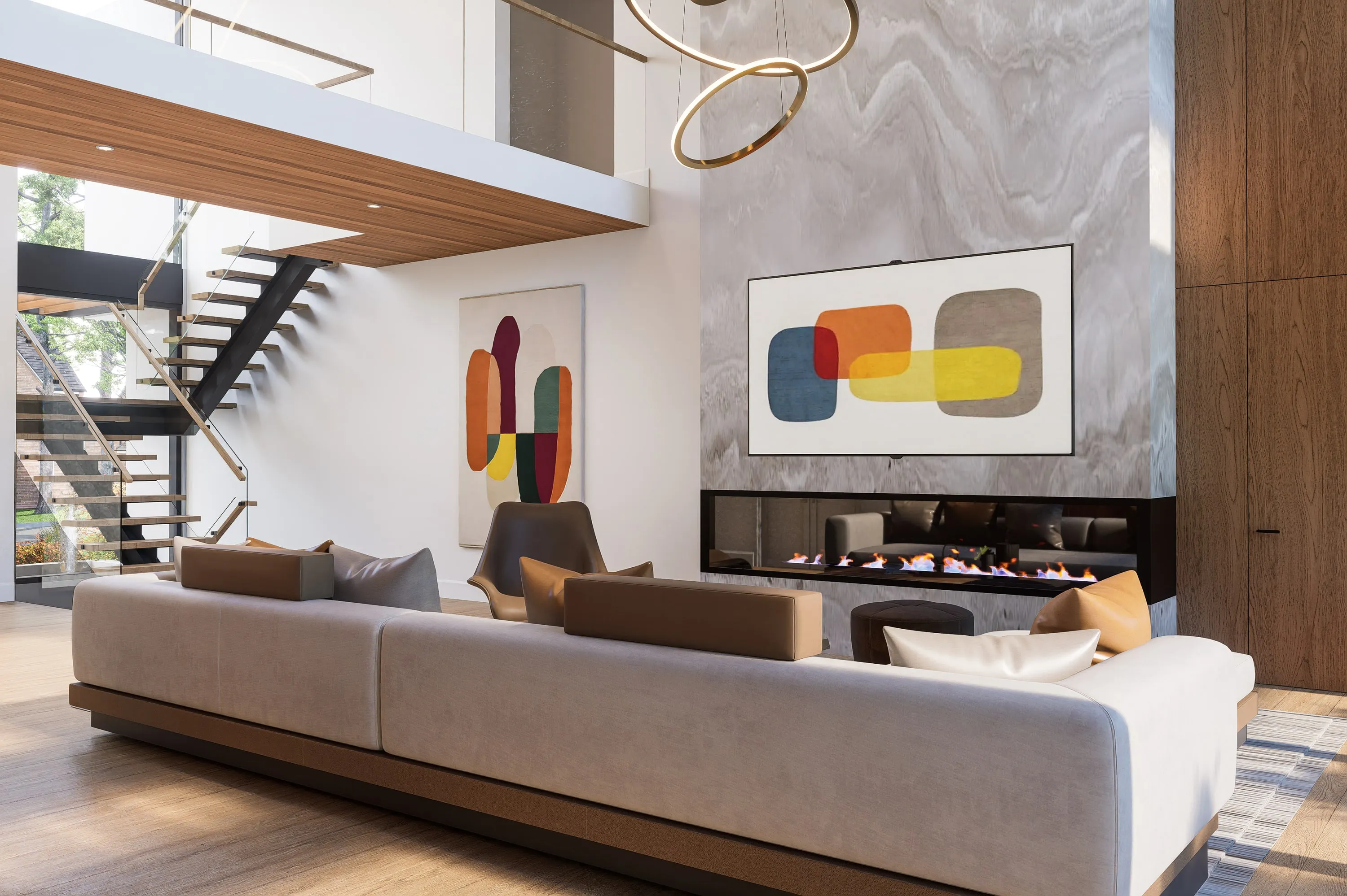 Design rendering of the double-height living room.