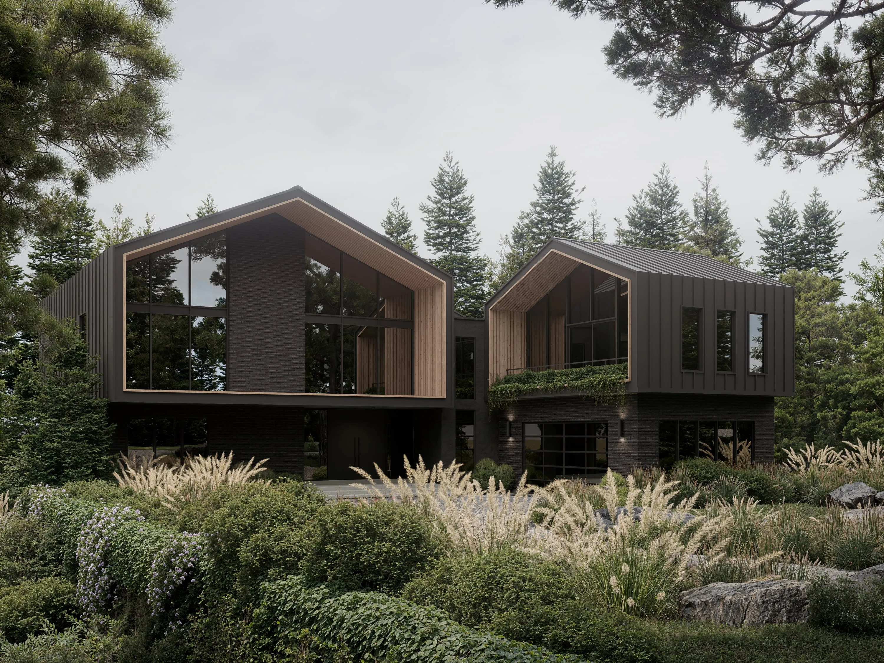 Design rendering of the arrival side among pines.