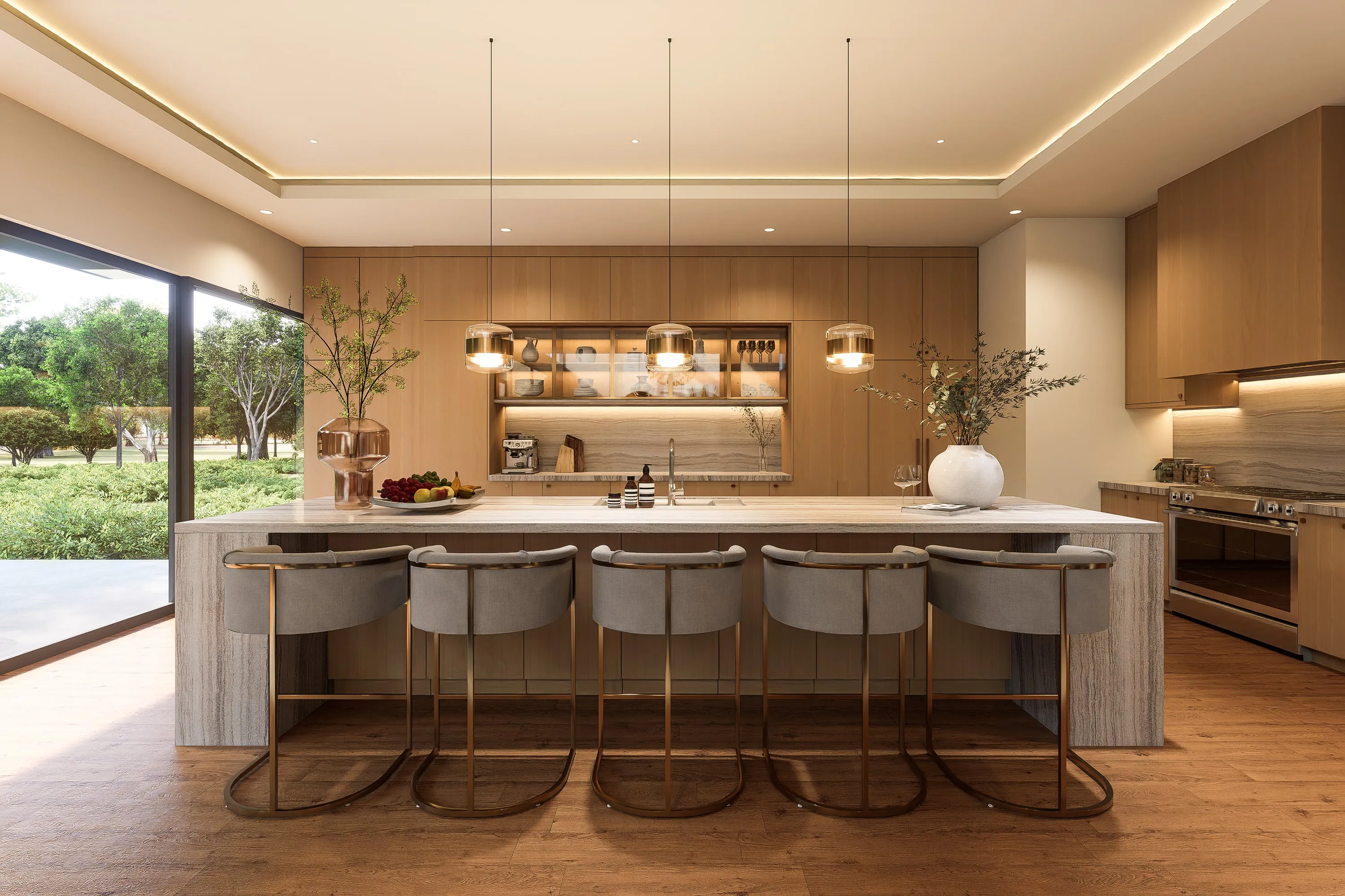 Design rendering of an oak kitchen and dining space.