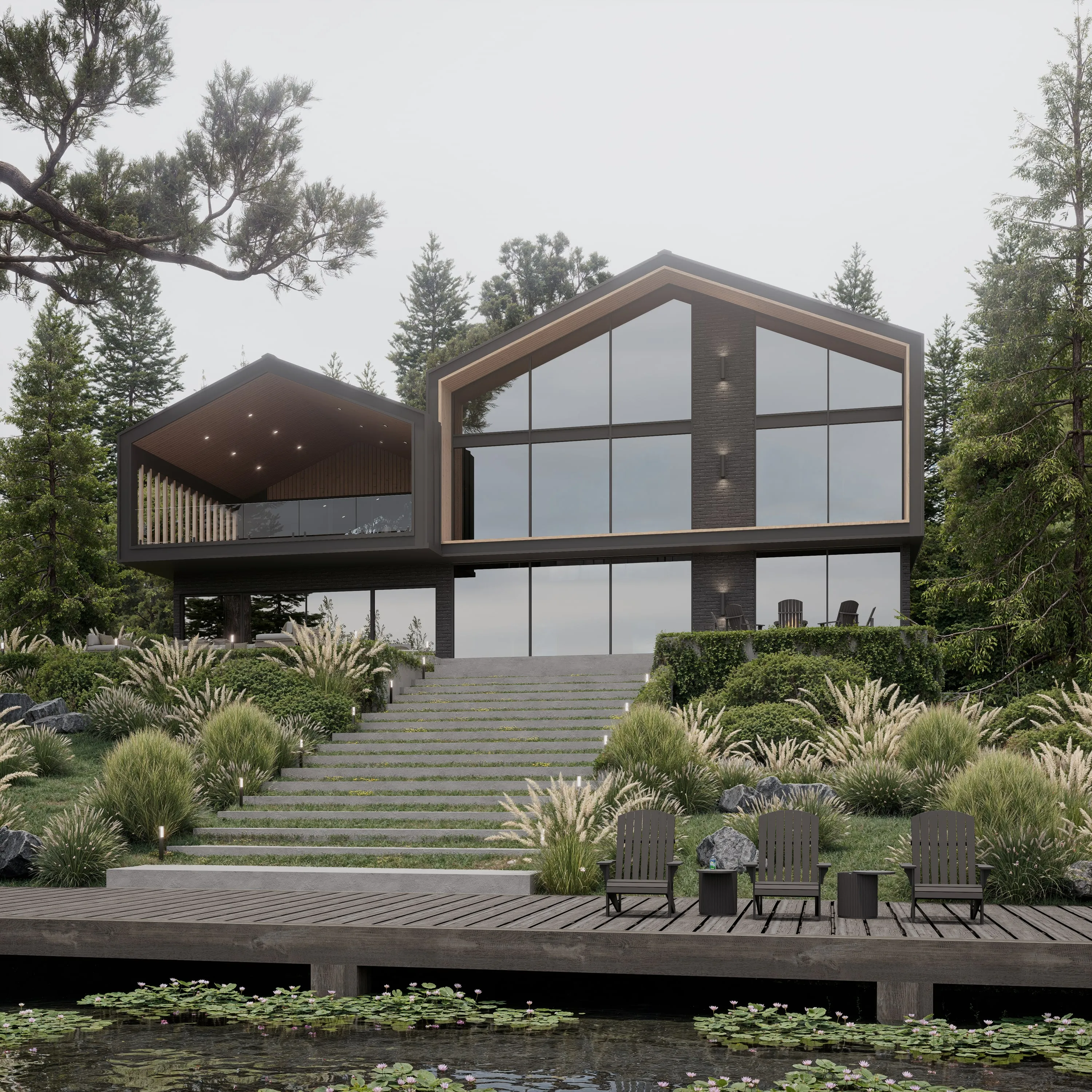 Design rendering of two dark gabled volumes with tall glazing above a stepped shoreline.