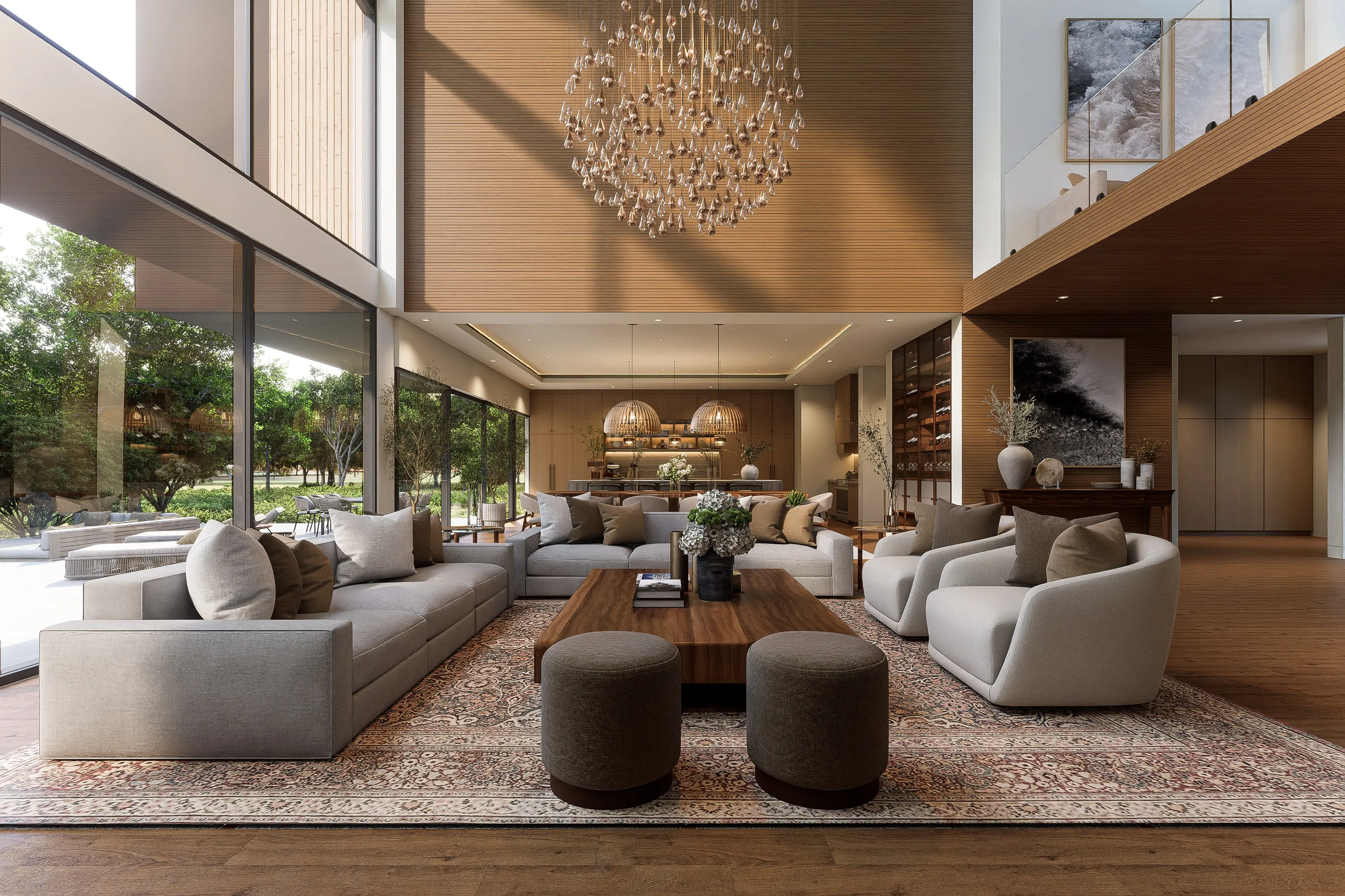 Design rendering of a double-height living room facing the lake.