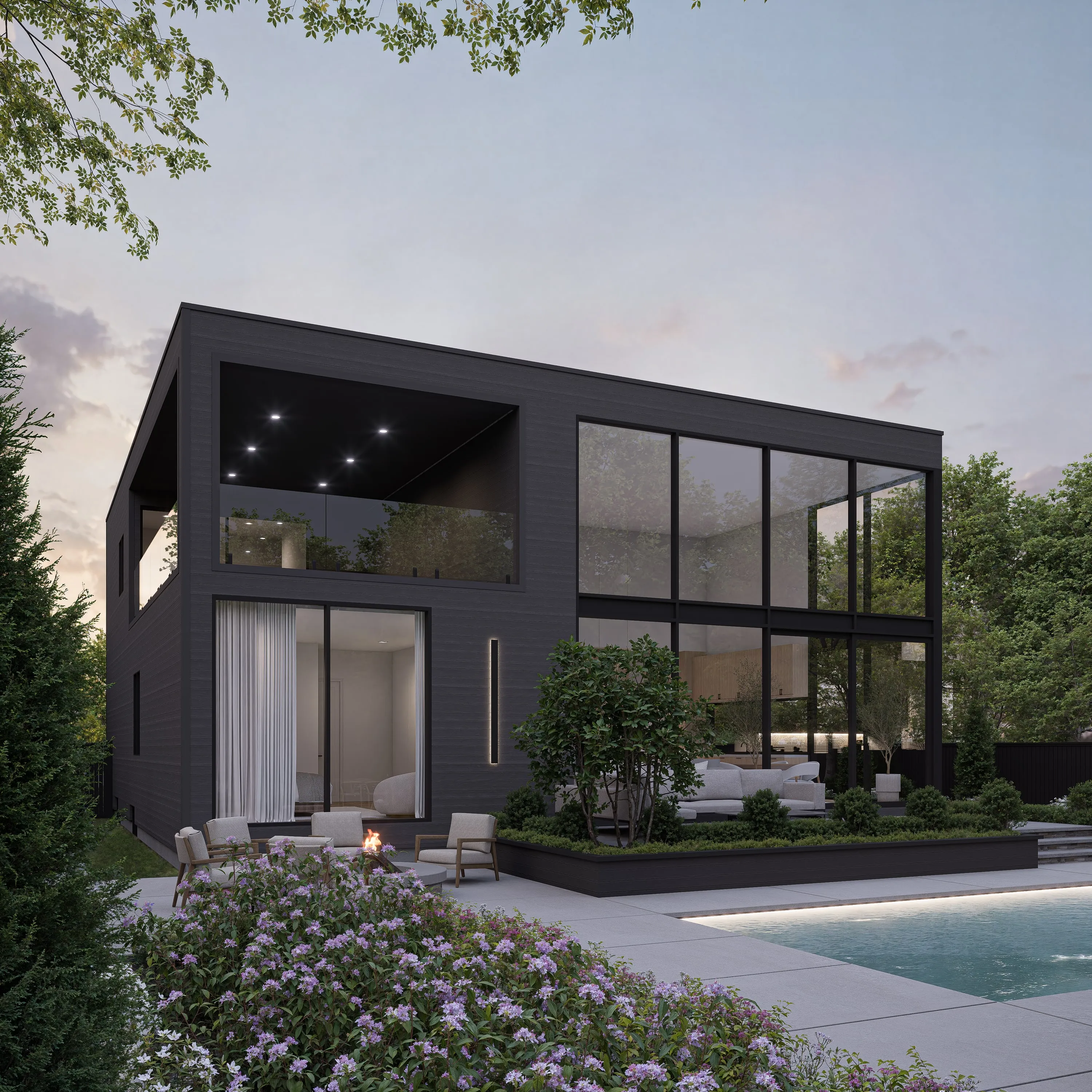 Design rendering of the house at dusk.