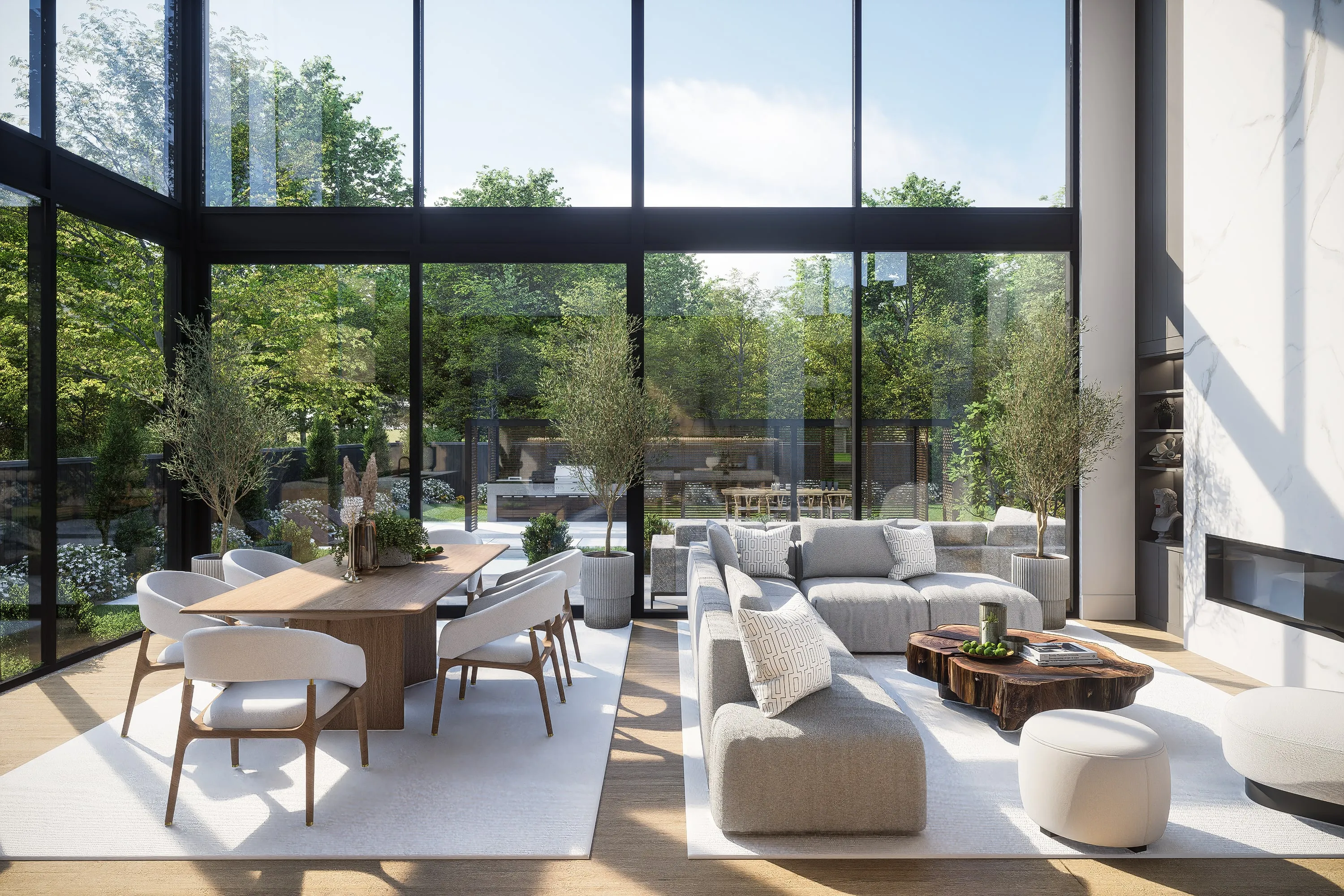 Design rendering of the living room opening to the garden.