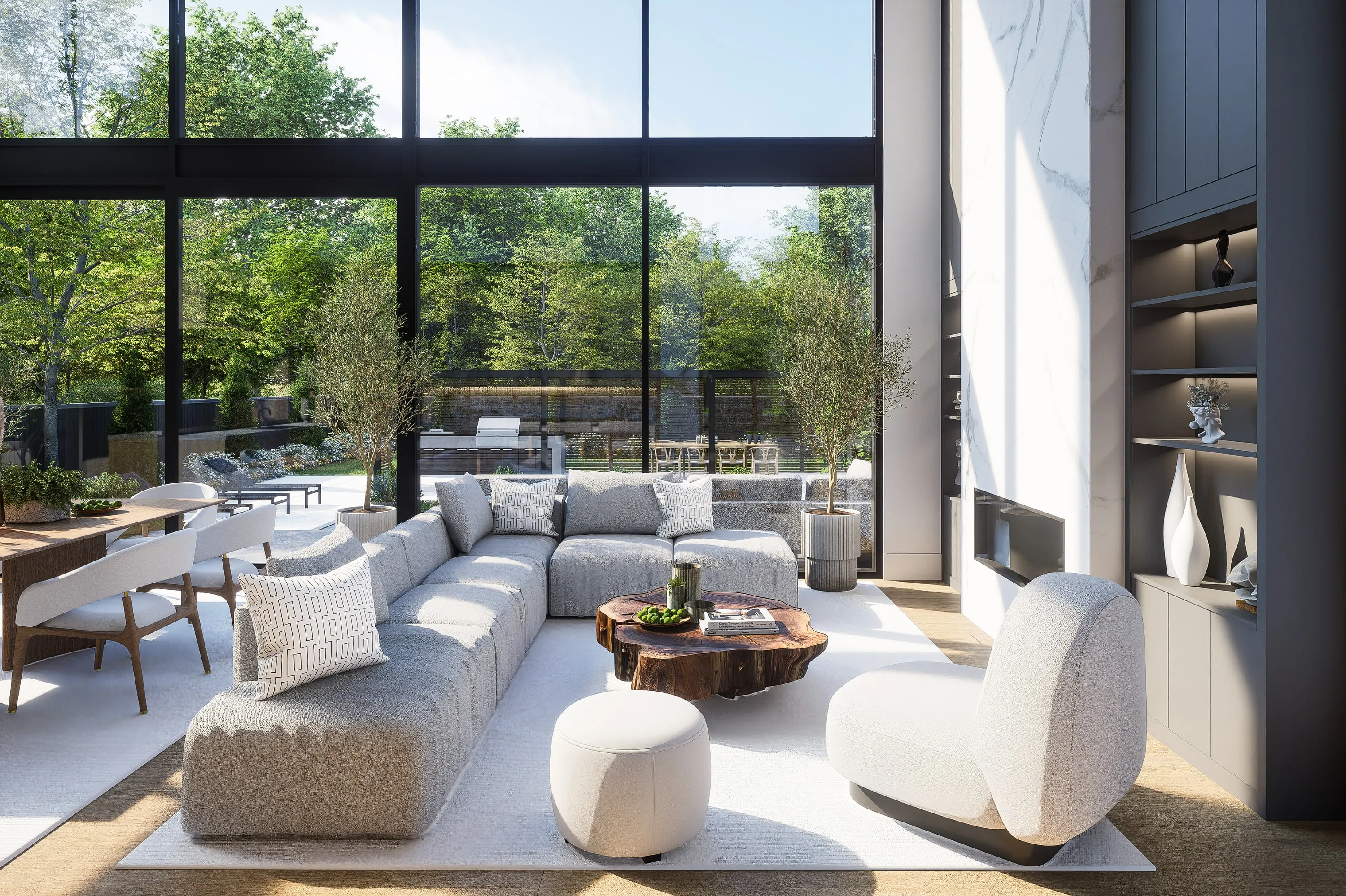 Design rendering of a lounge behind full-height glazing.