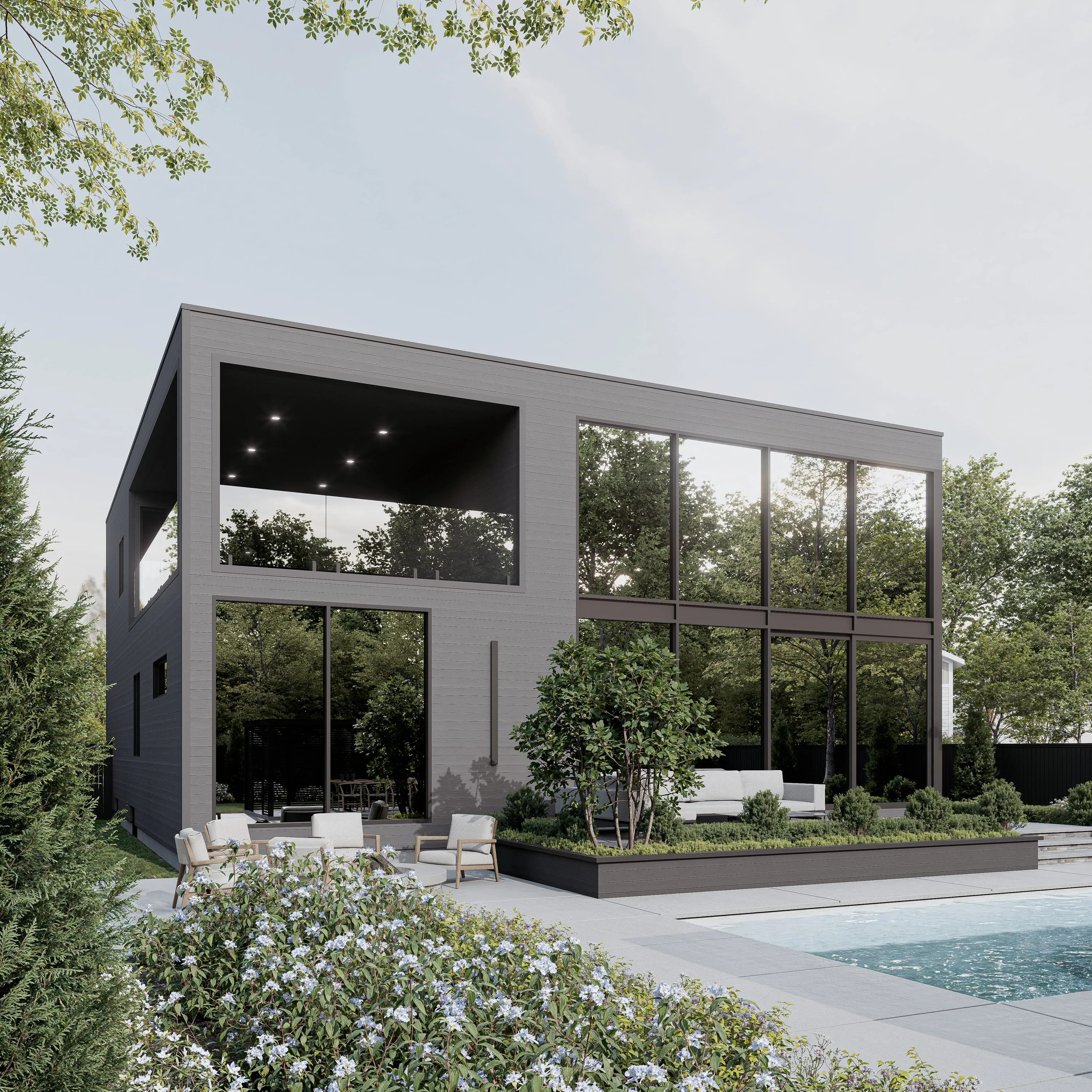 Design rendering of a dark, glass-fronted residence above a pool.