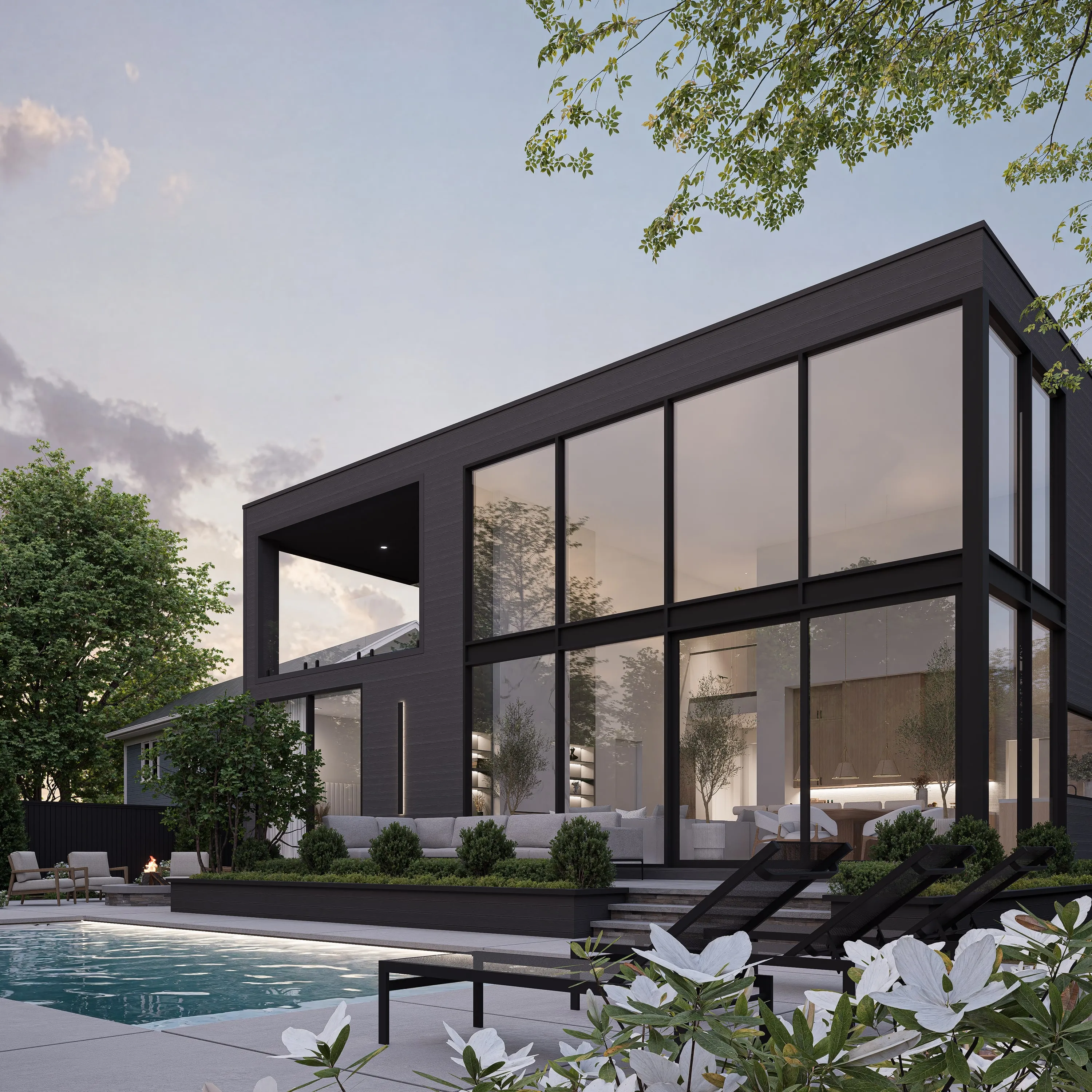 Design rendering of the pool terrace and pergola at dusk.