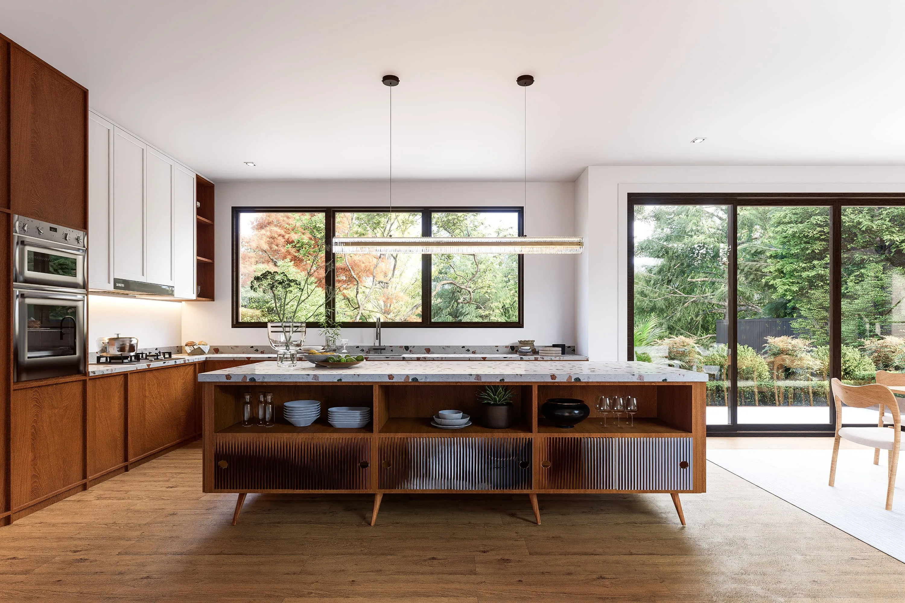 Design rendering of the walnut kitchen.