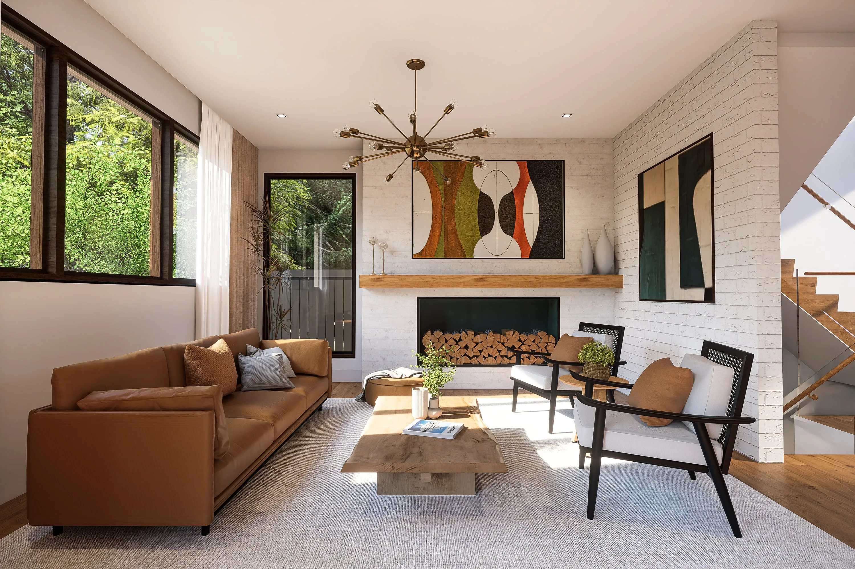 Design rendering of the living room with a white brick fireplace.
