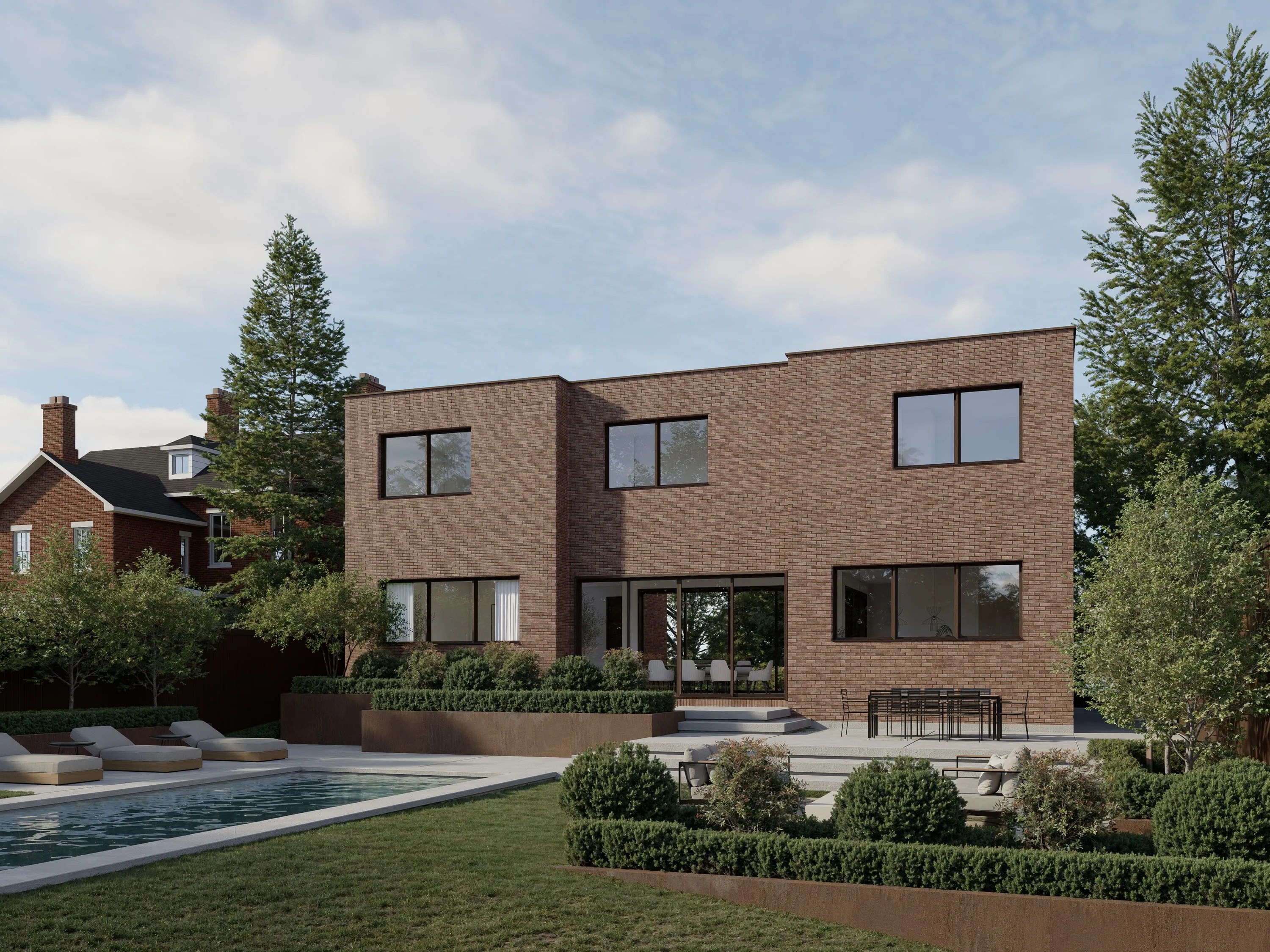Design rendering of a brick residence with a pool terrace and garden.