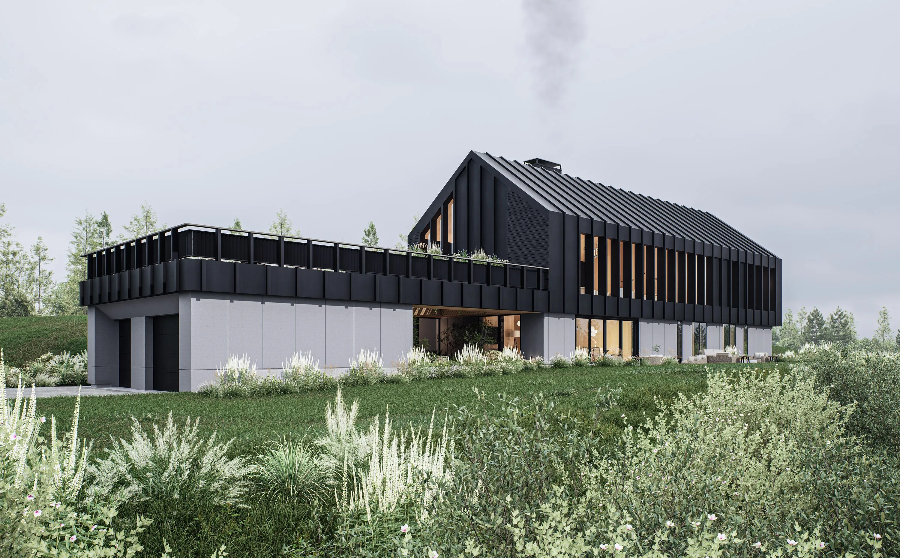 Design rendering of a black gabled house on a grassy rise, with a chimney smoking against a grey sky.