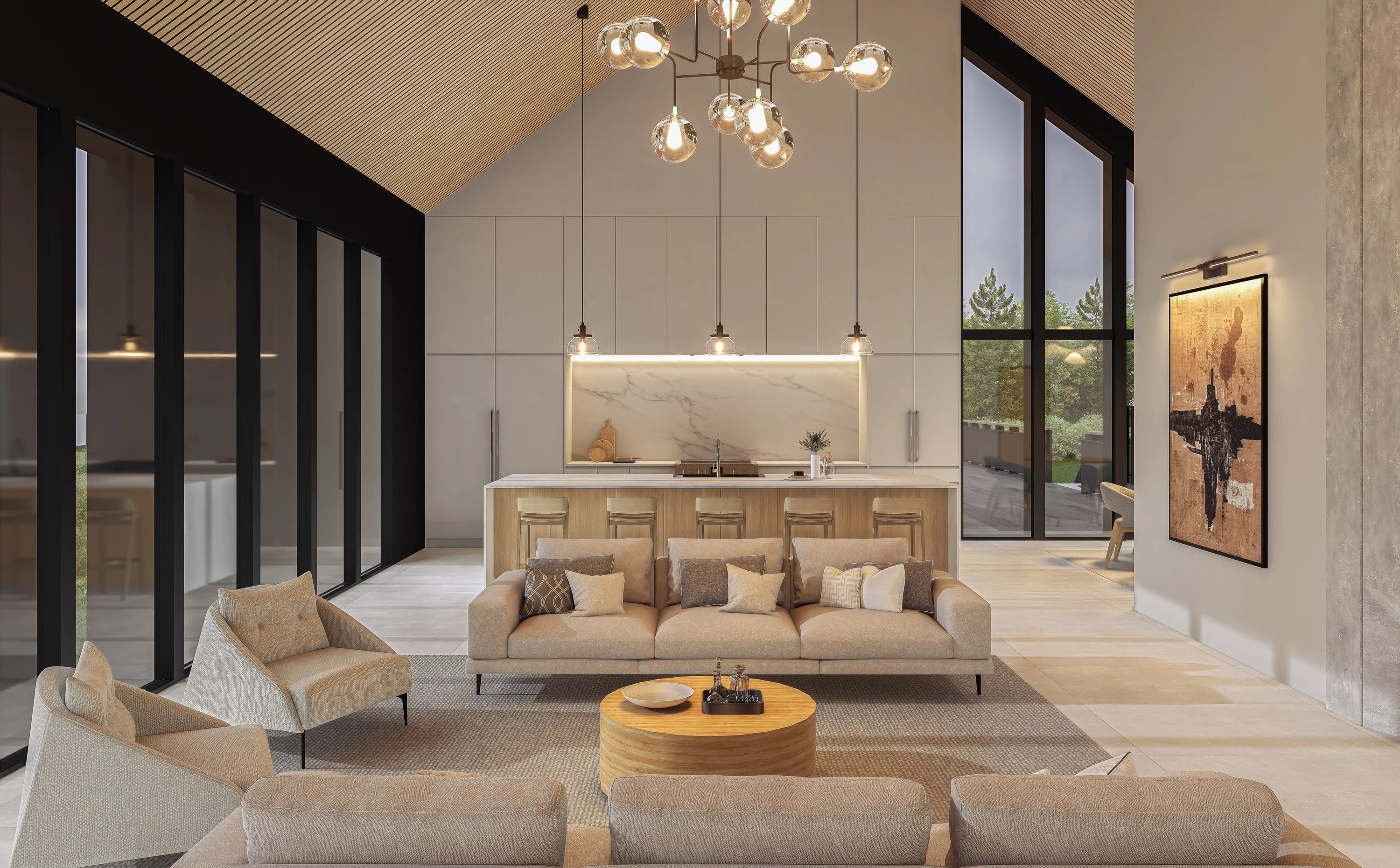 Design rendering of the living room under the timber ceiling.