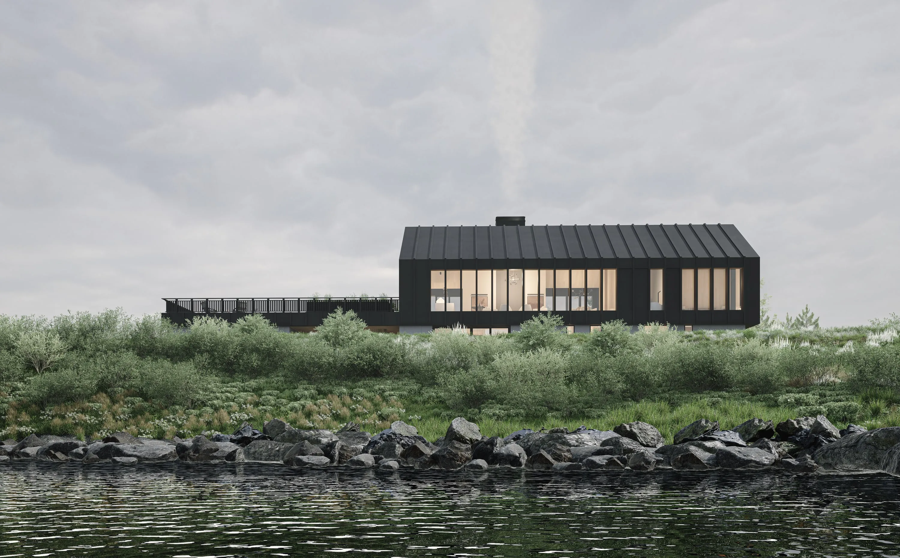 Design rendering of the house from the rocky shore.