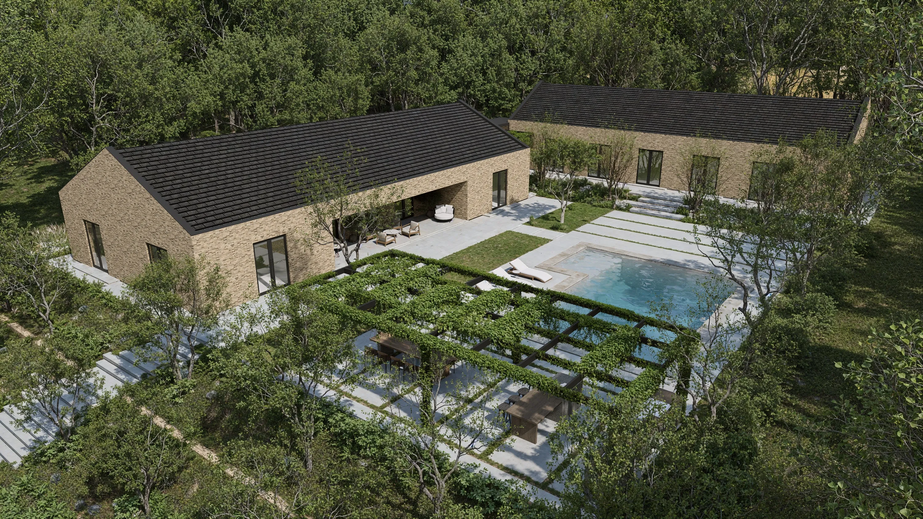 Design rendering of the house and pool from above.